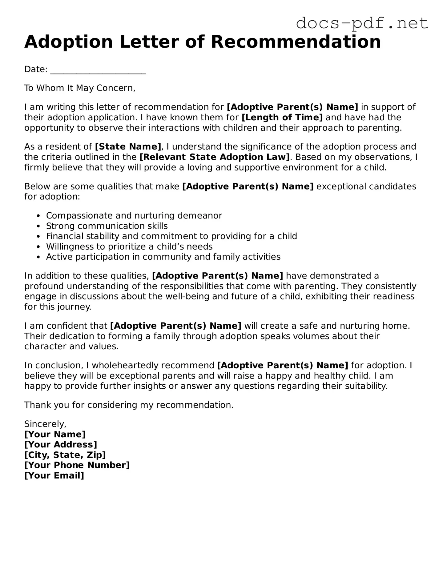 Free Adoption Letter of Recommendation Document