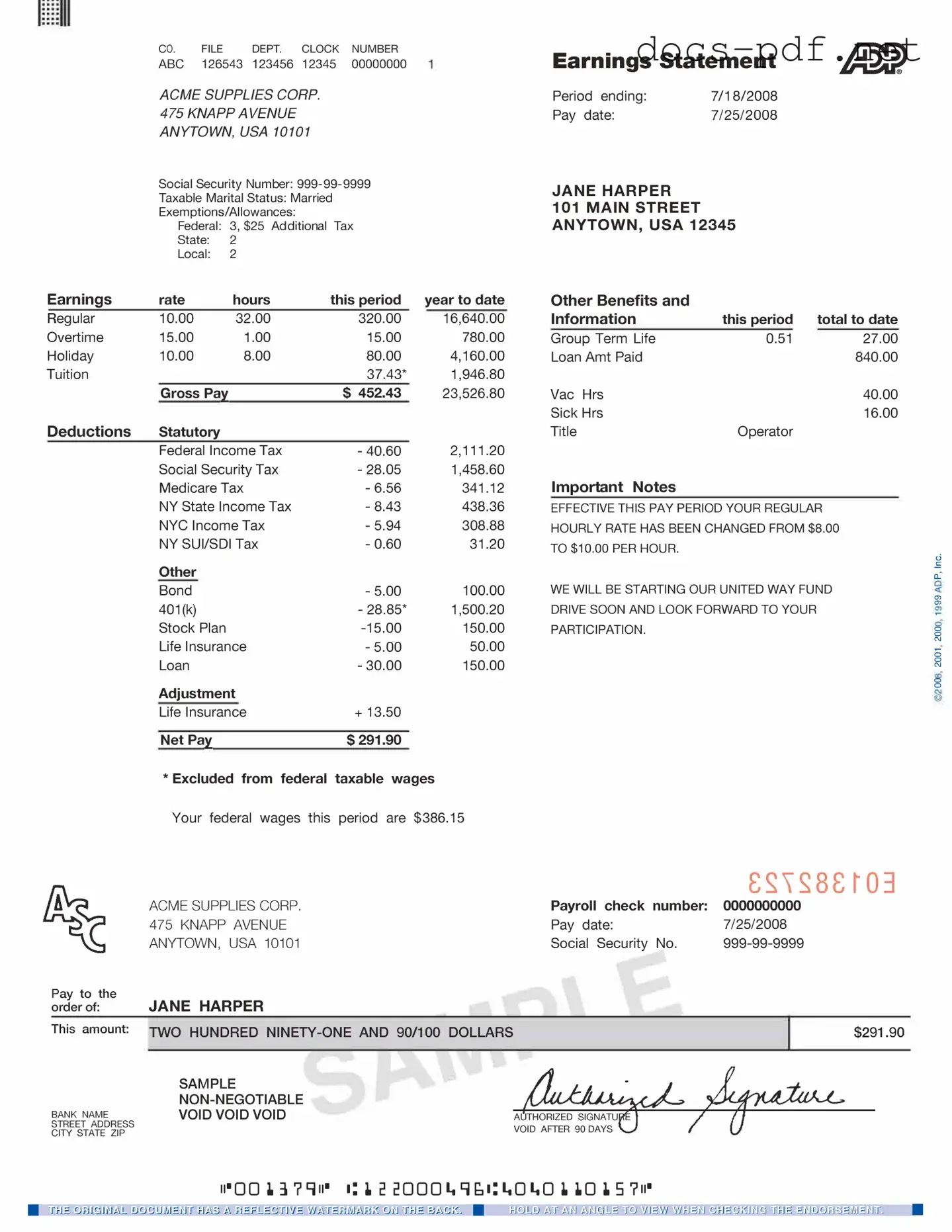 Adp Pay Stub Form in PDF