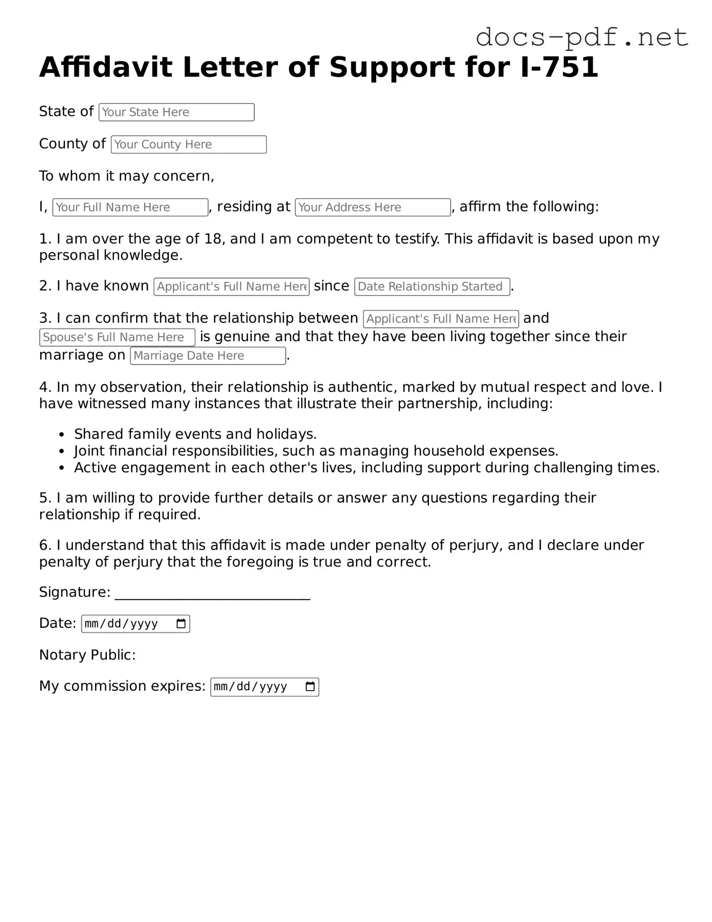 Free Affidavit Letter of Support for I-751 Document