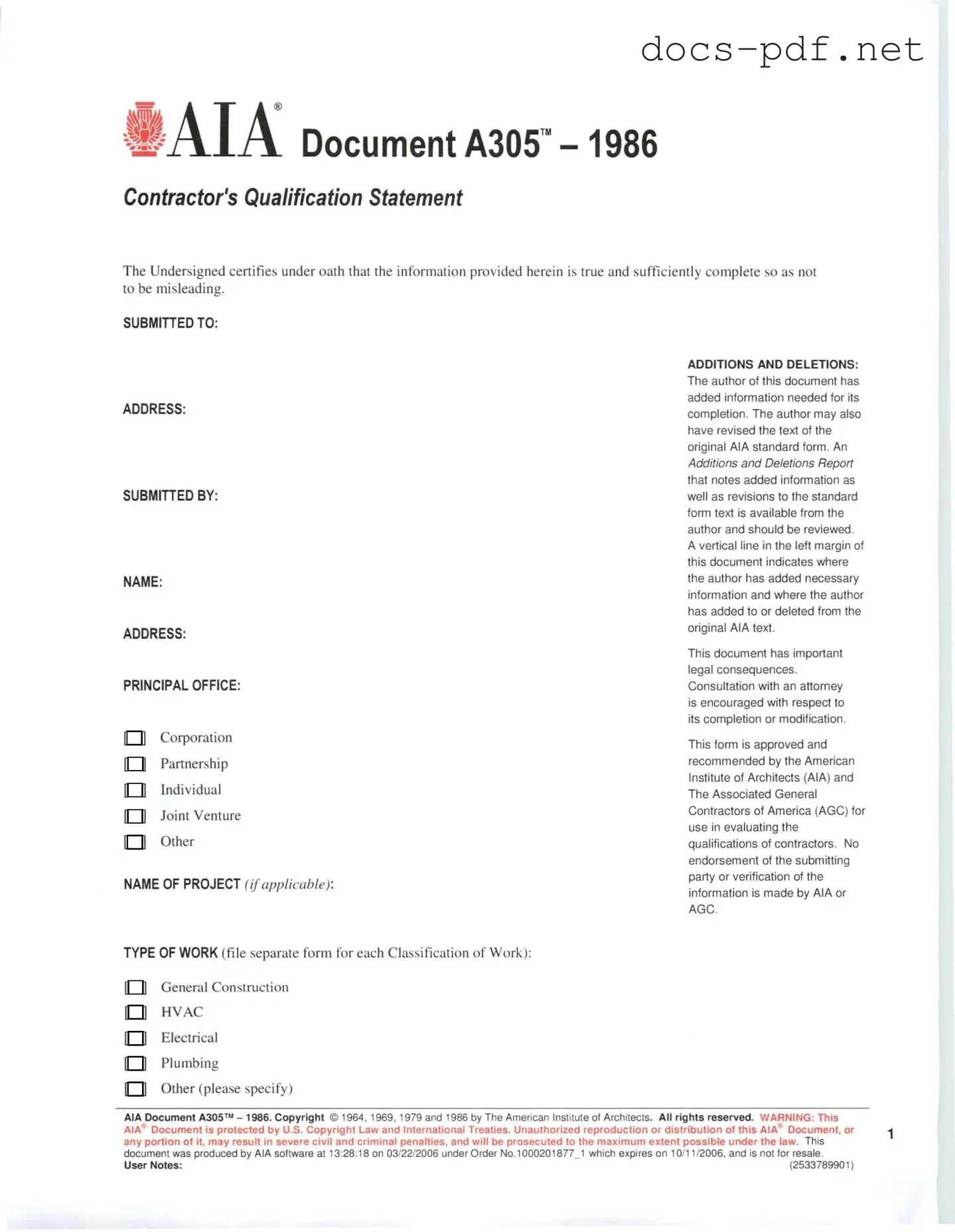AIA A305 Form in PDF