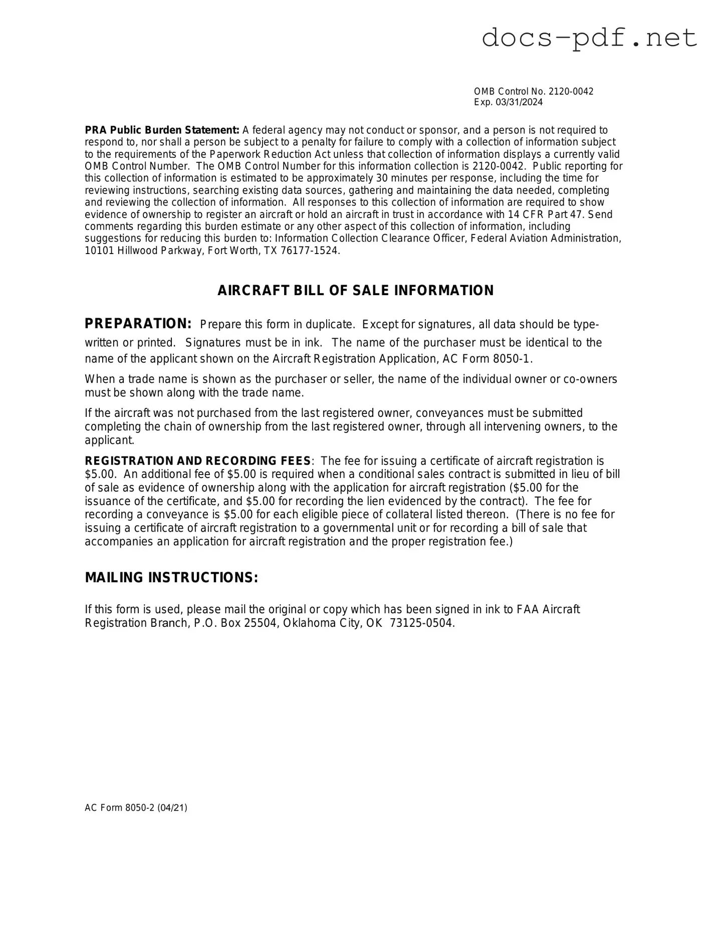 Aircraft Bill of Sale AC 8050-2 Form in PDF