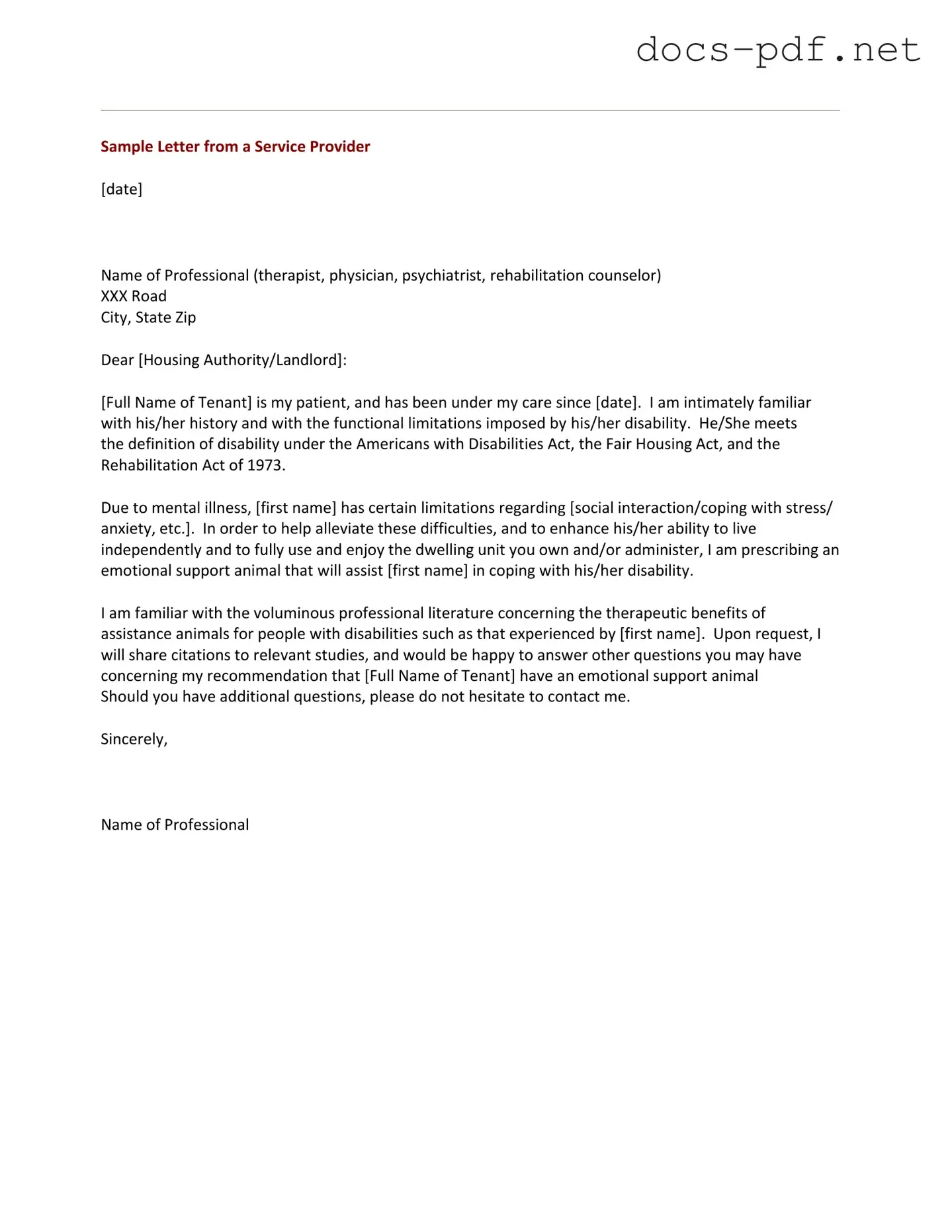 Emotional Support Animal Letter Form in PDF