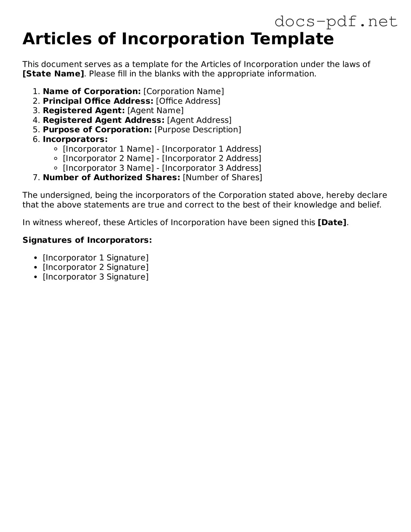 Free Articles of Incorporation Document