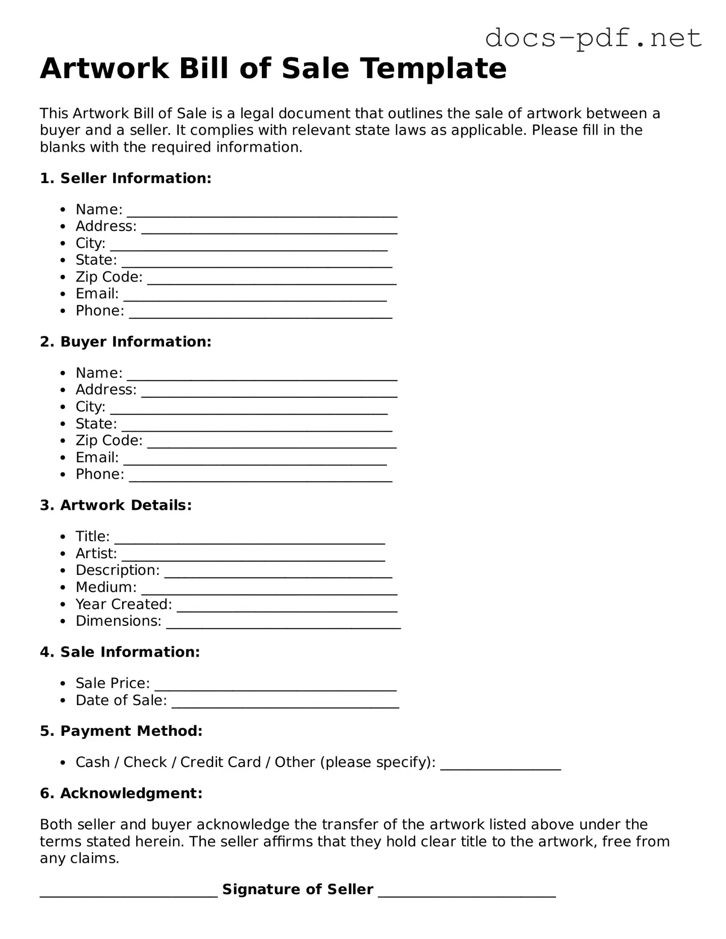 Free Artwork Bill of Sale Document