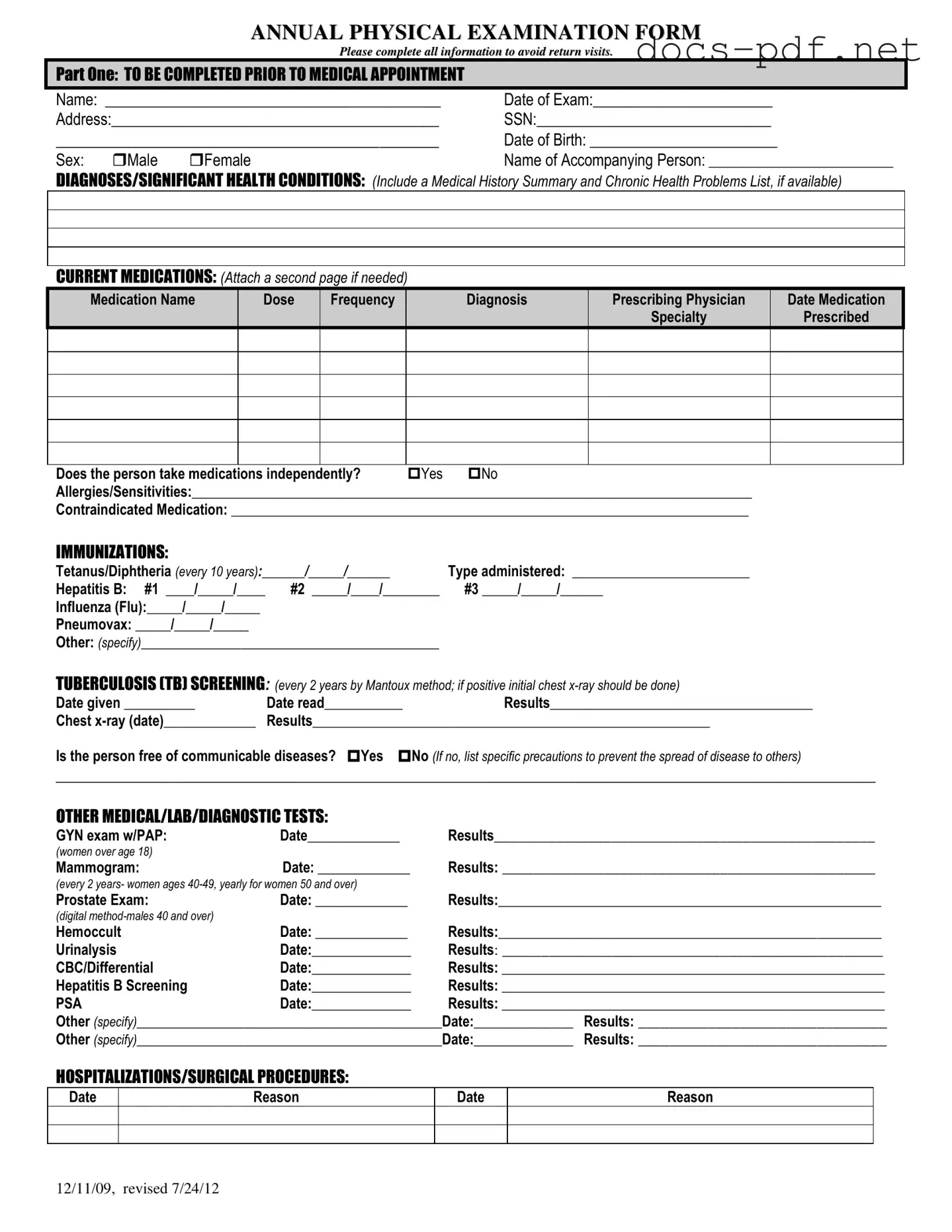Annual Physical Examination Form in PDF