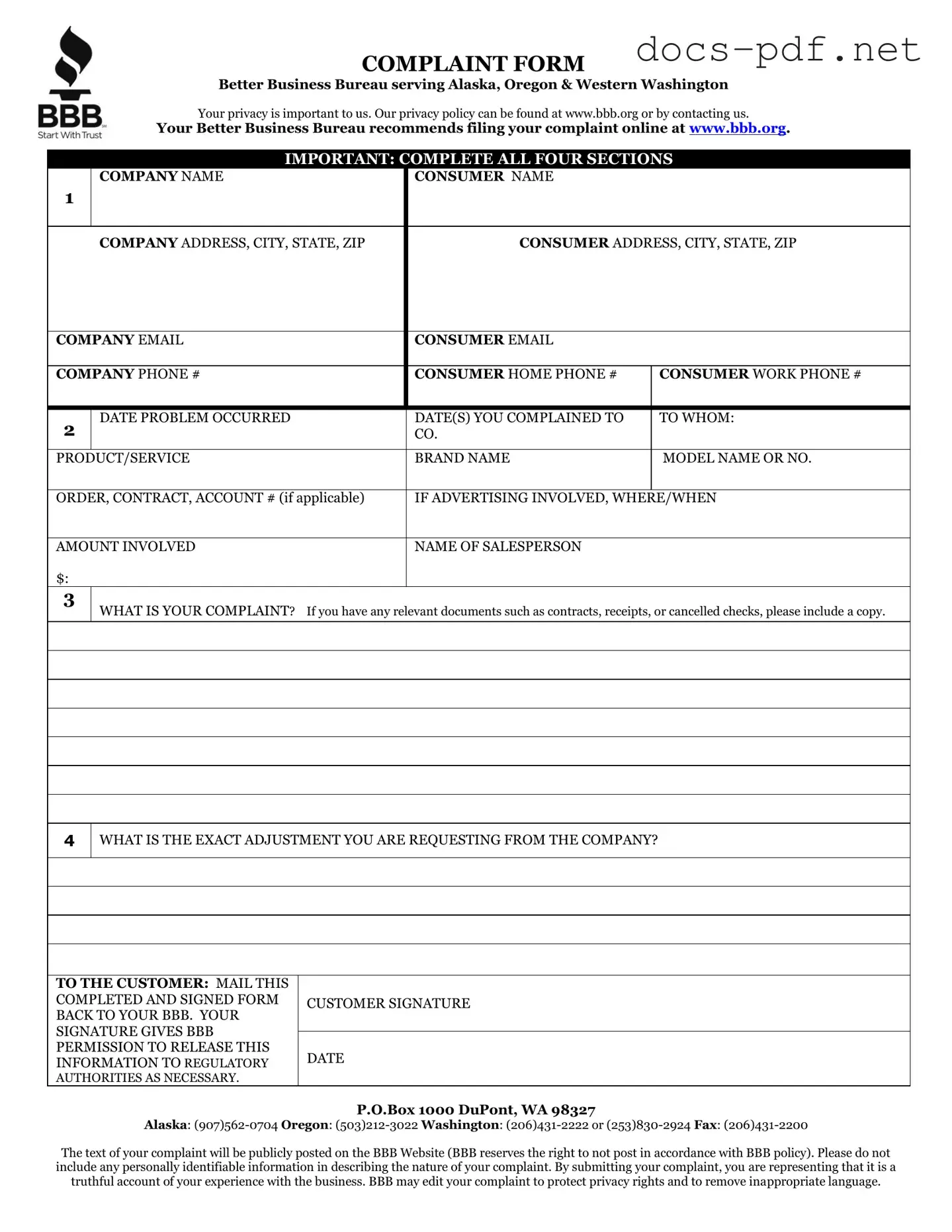 Bbb Complaint Form in PDF