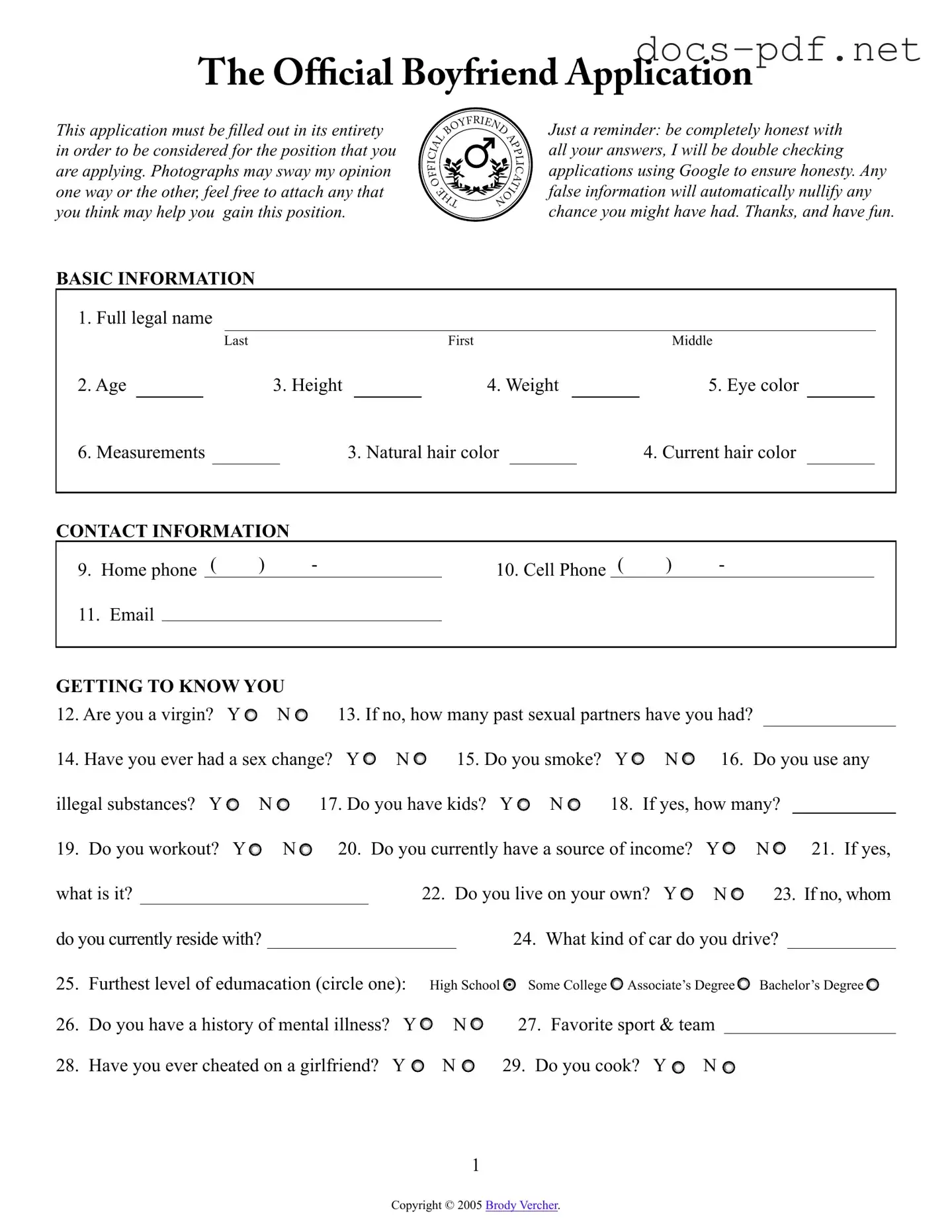 Boyfriend application form Form in PDF