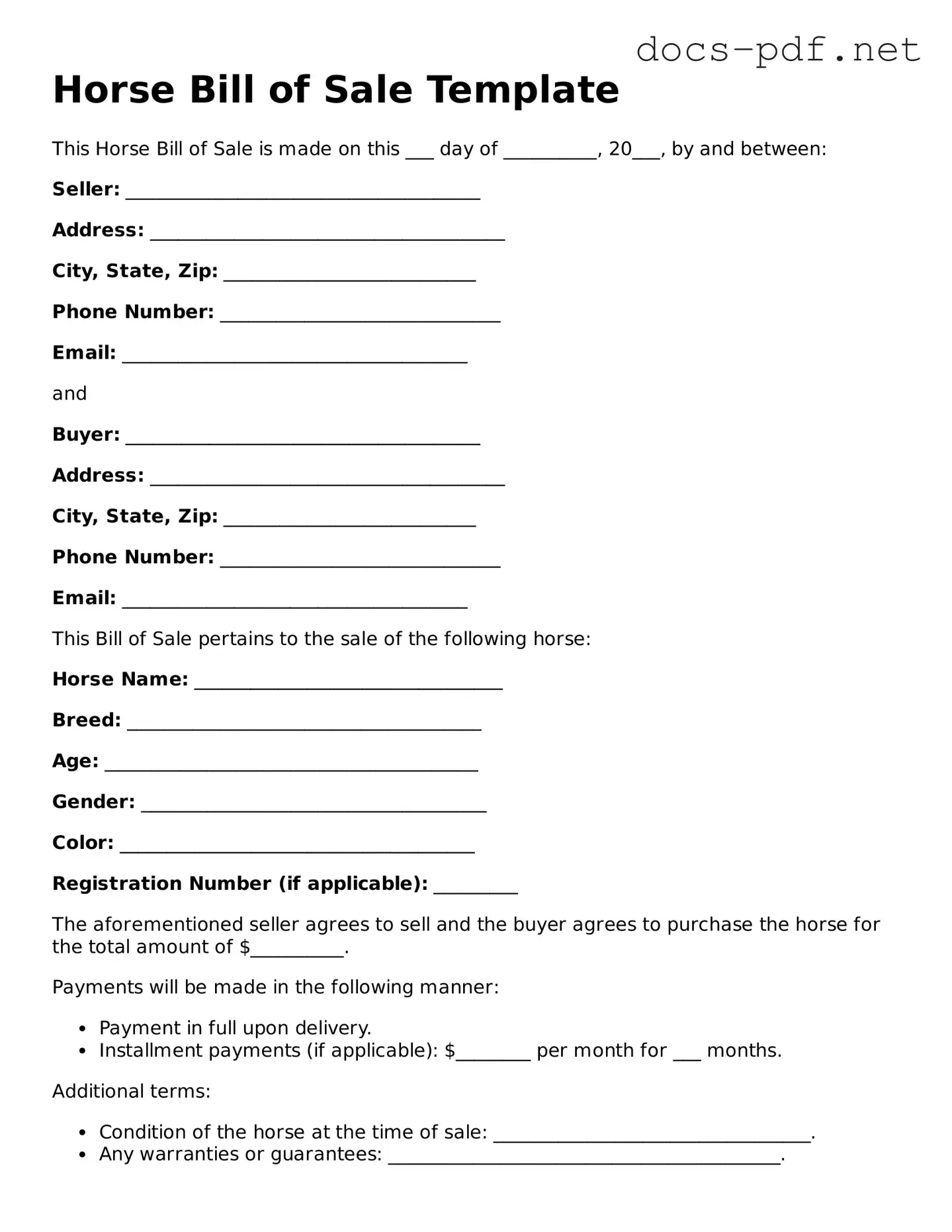 Free Horse Bill of Sale Document