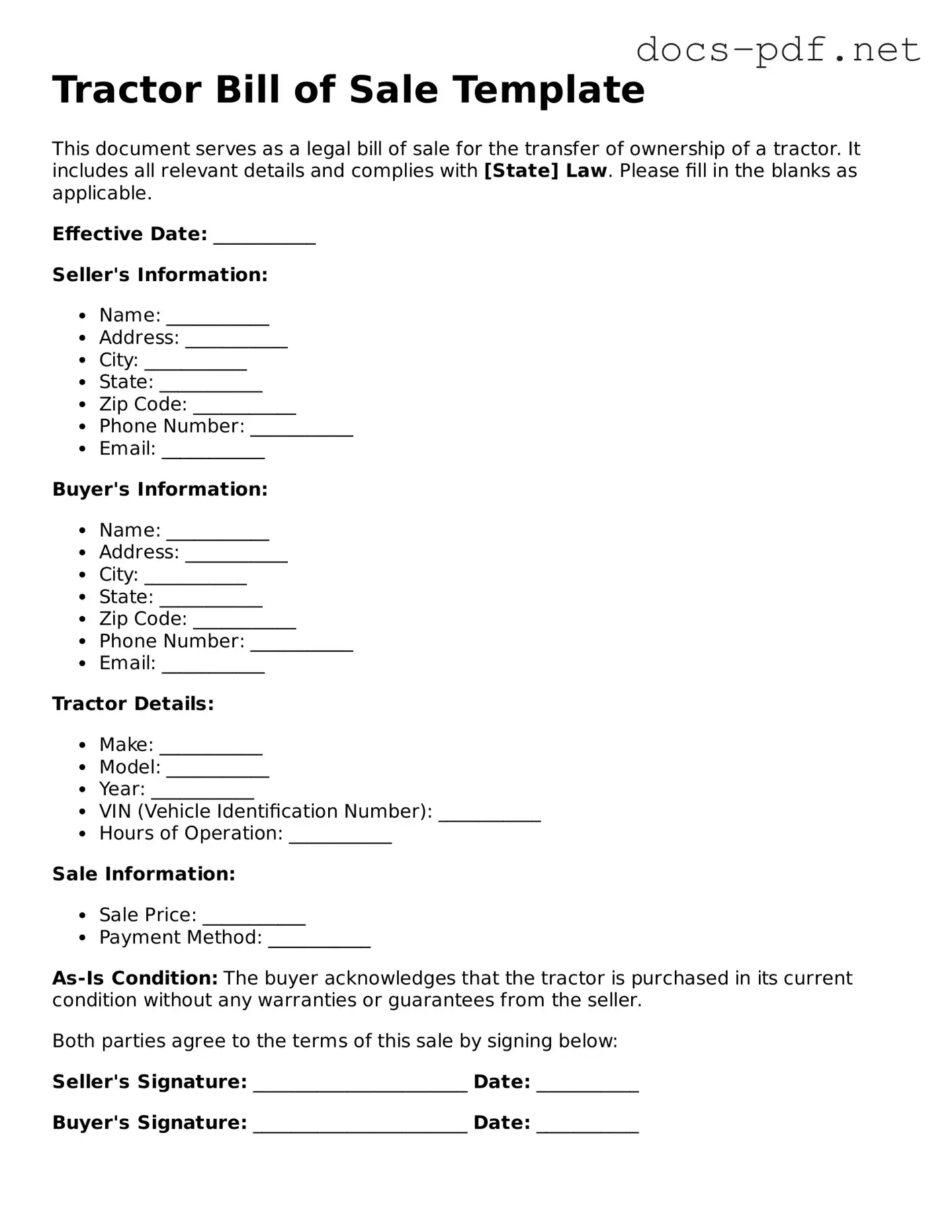 Free Tractor Bill of Sale Document
