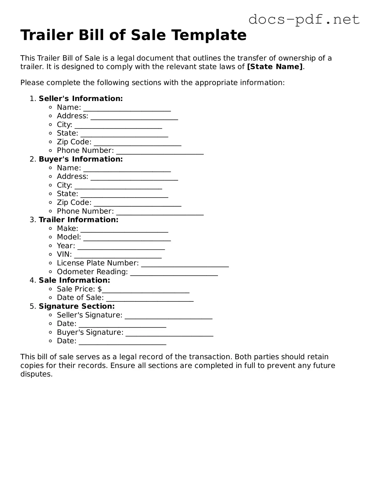 Free Trailer Bill of Sale Document
