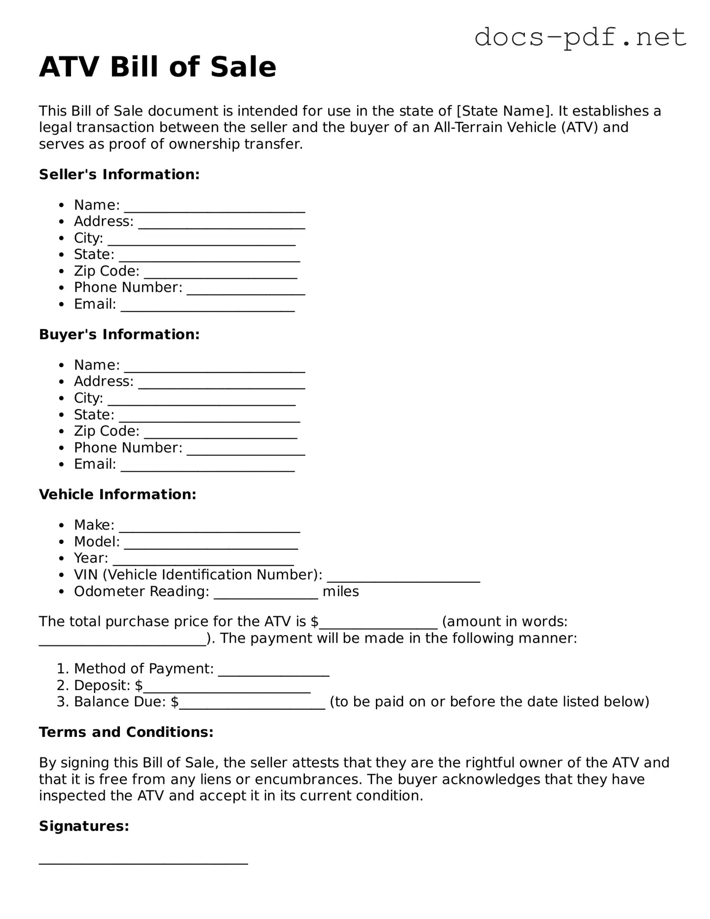 Free ATV Bill of Sale Document