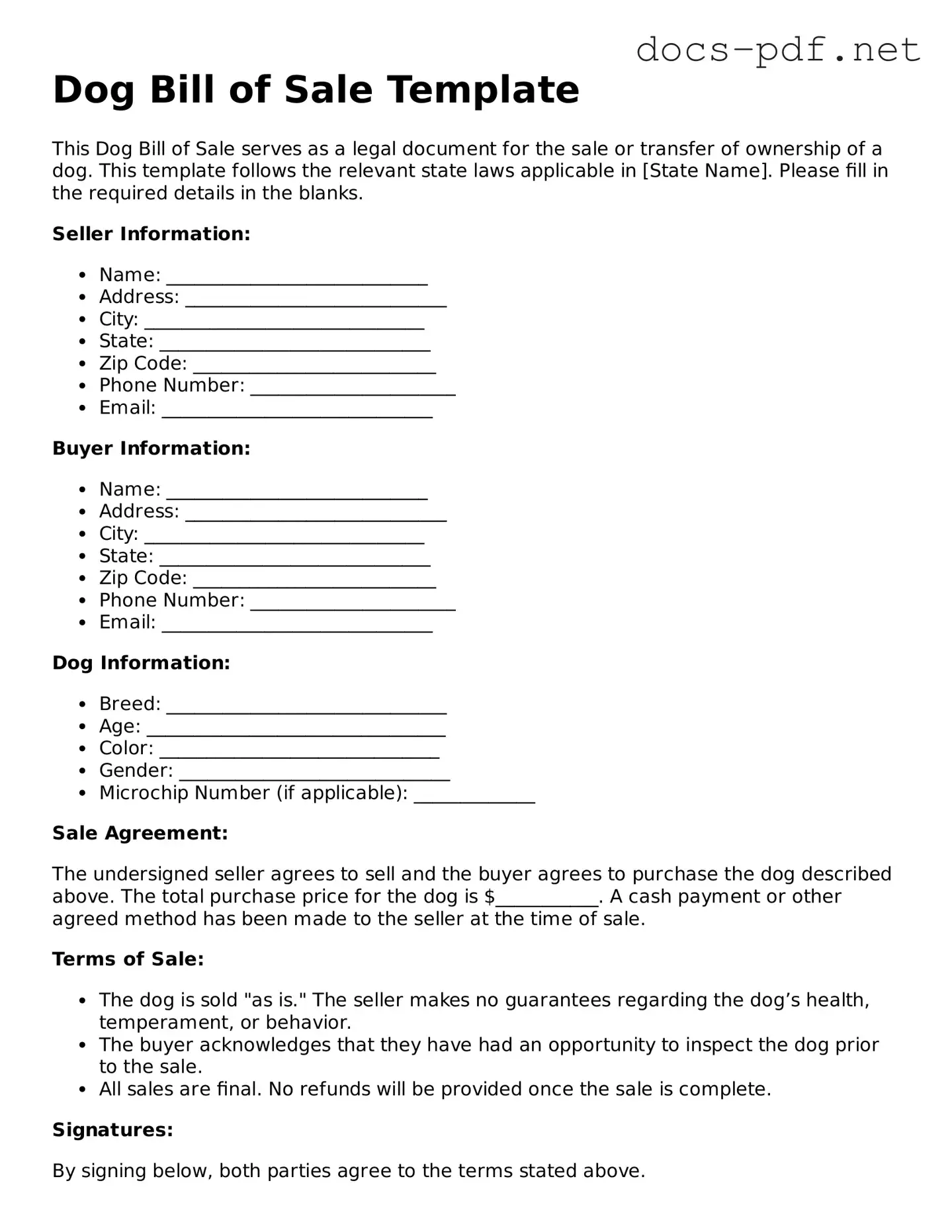 Free Dog Bill of Sale Document