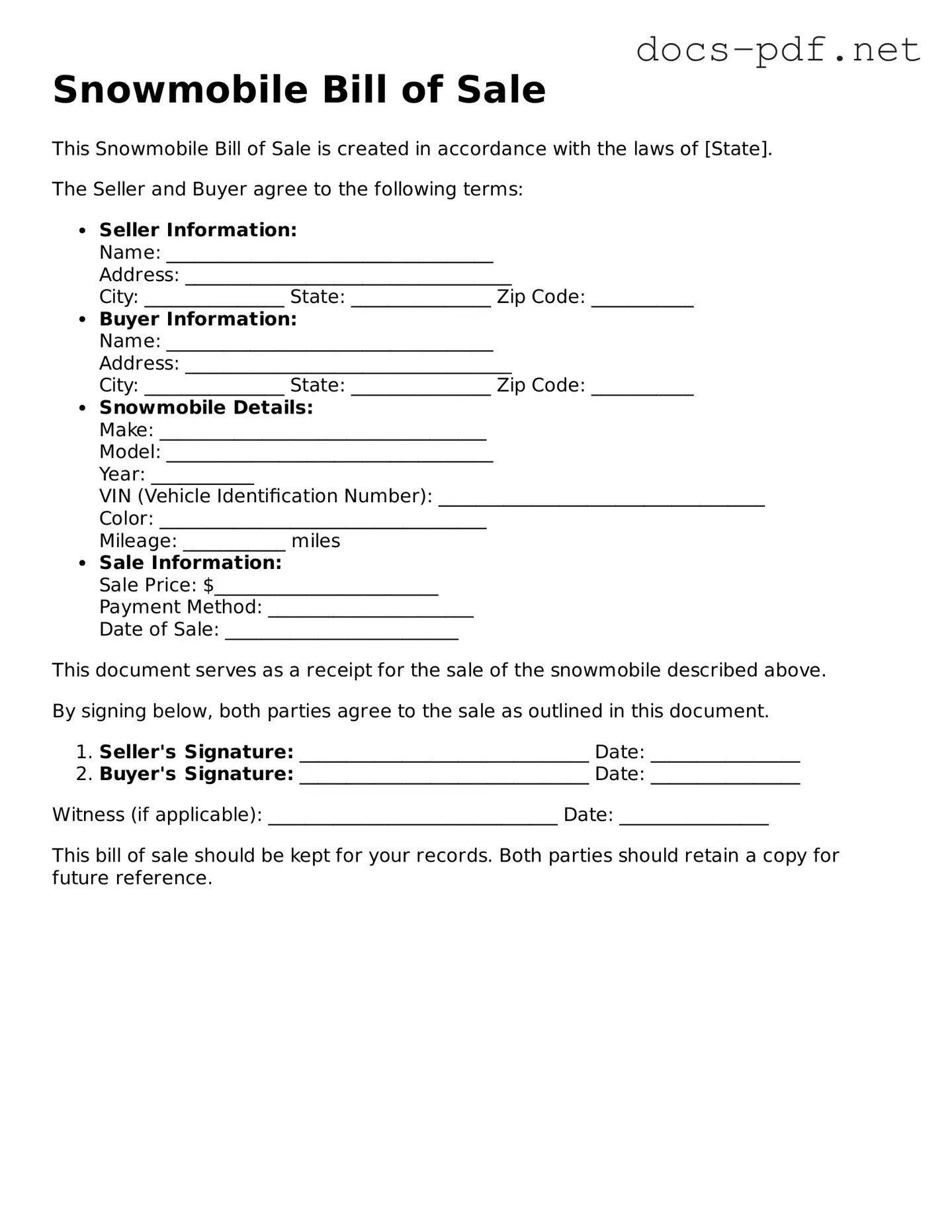 Free Snowmobile Bill of Sale Document