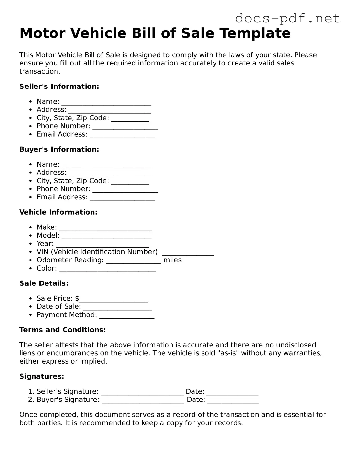 Free Motor Vehicle Bill of Sale Document