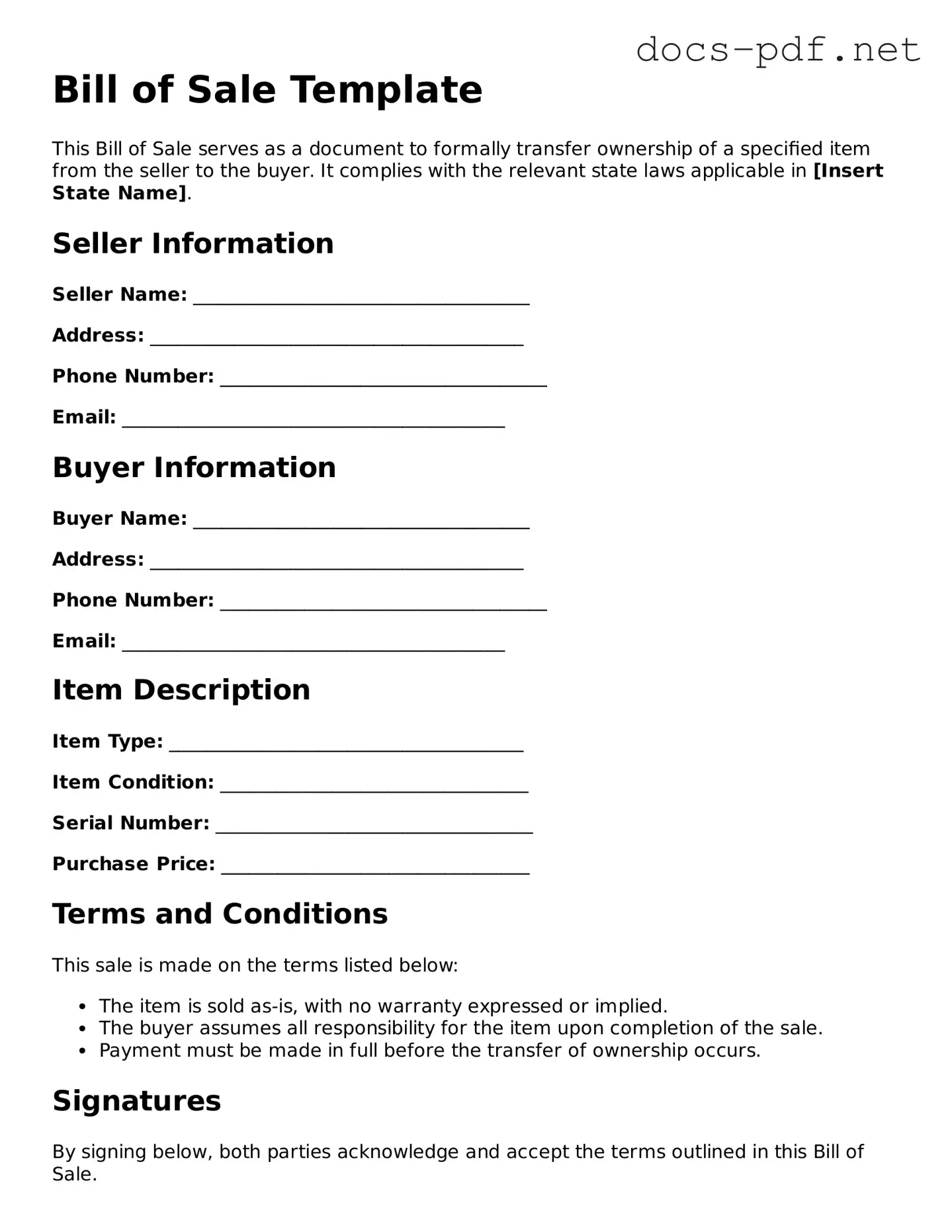 Free Bill of Sale Document