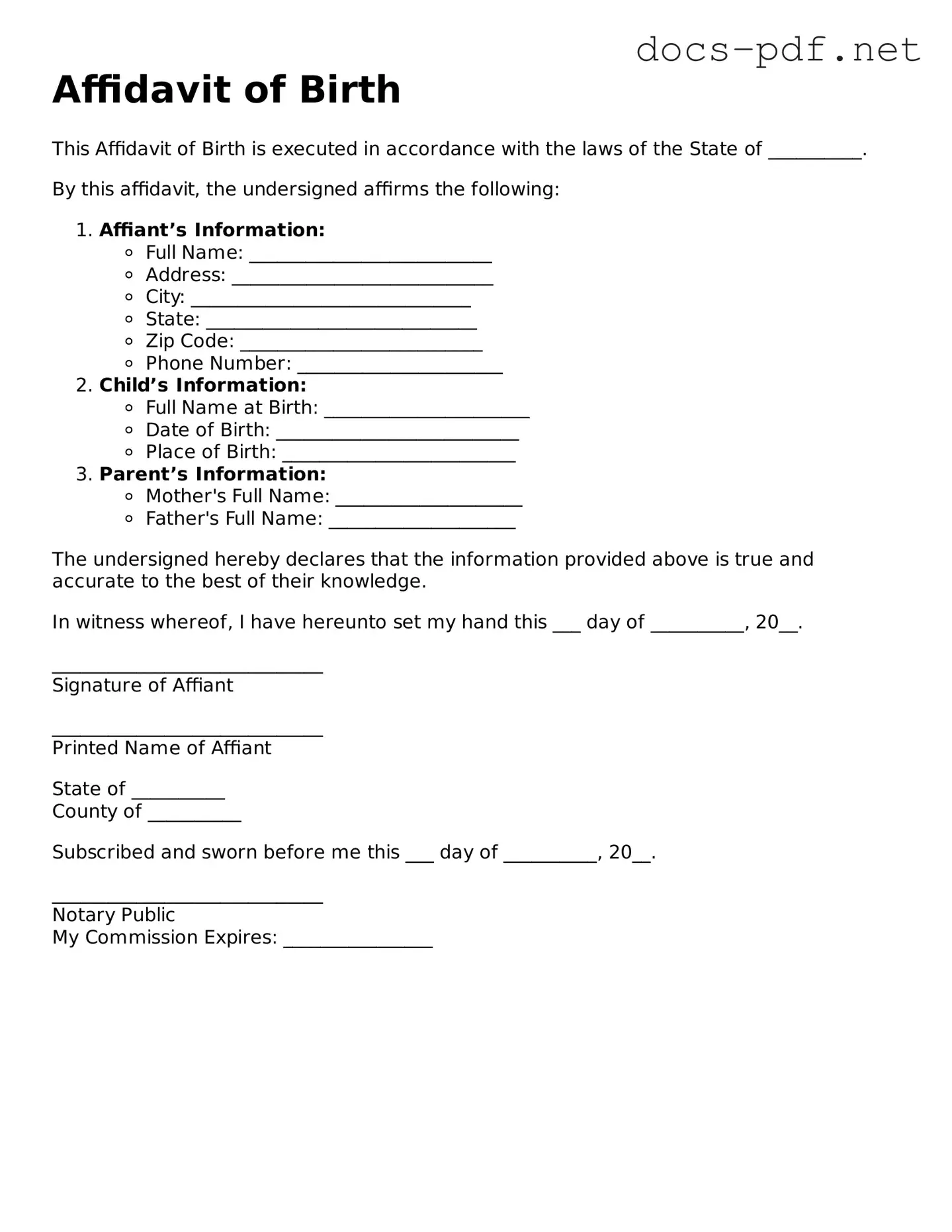 Free Affidavit of Birth Document