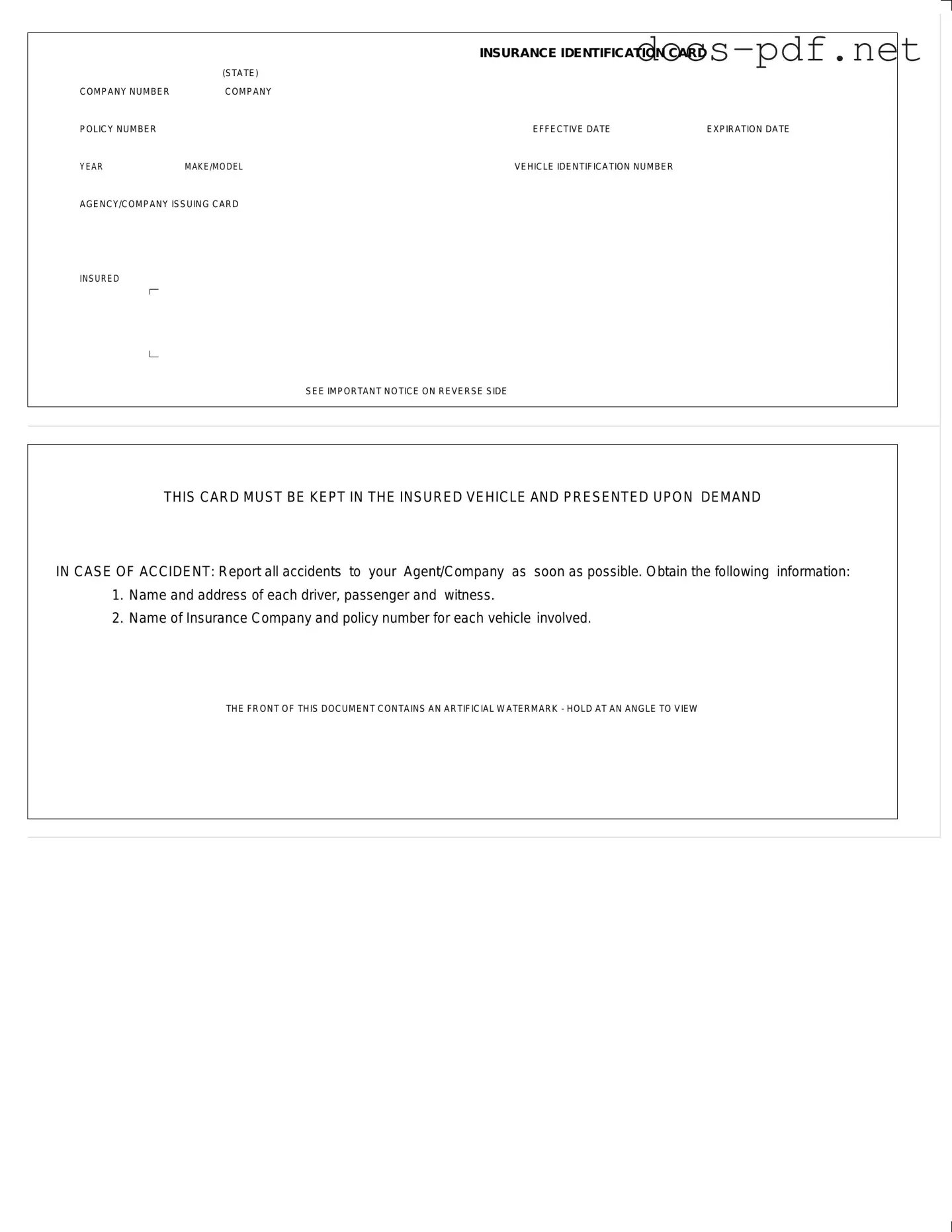Auto Insurance Card Form in PDF