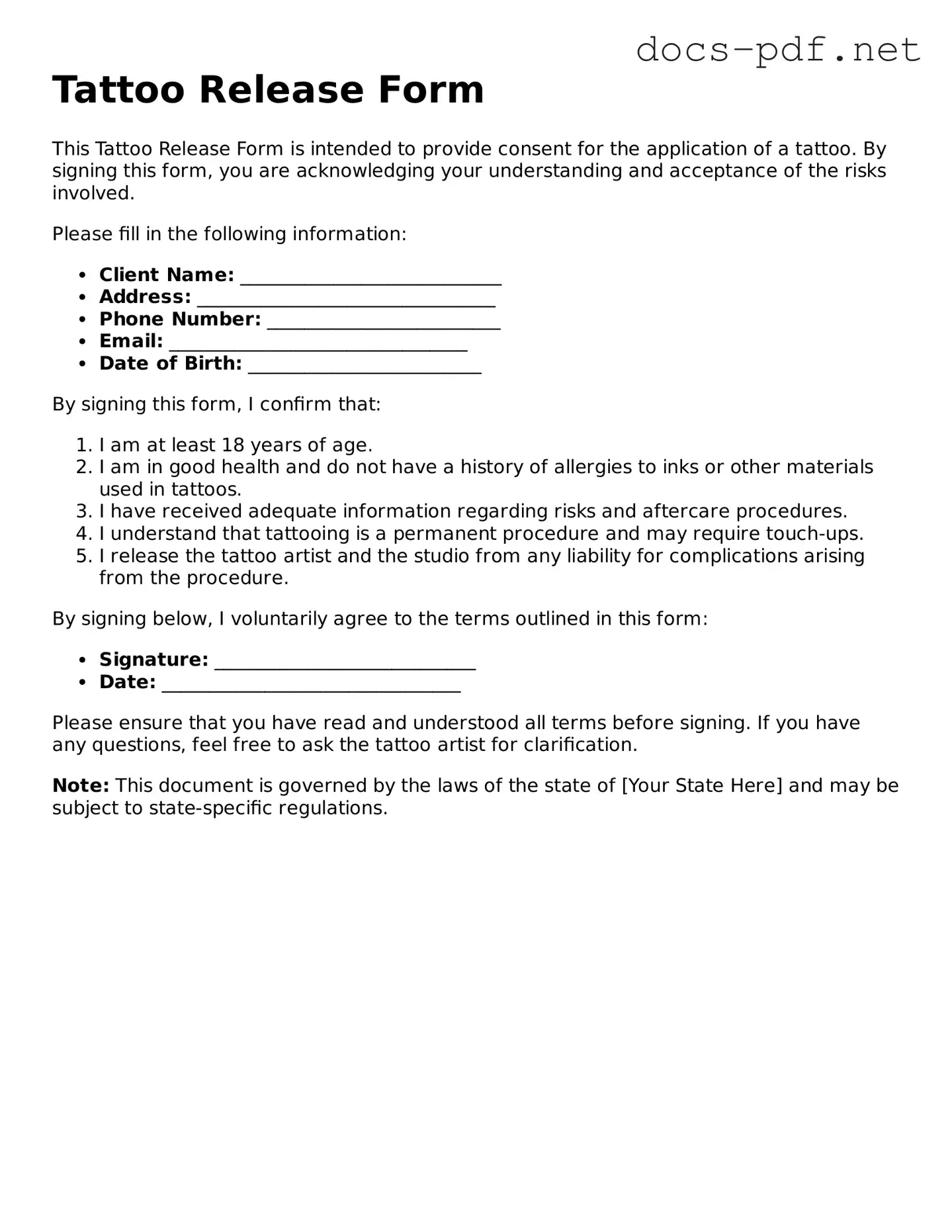 Free Tattoo Release Document