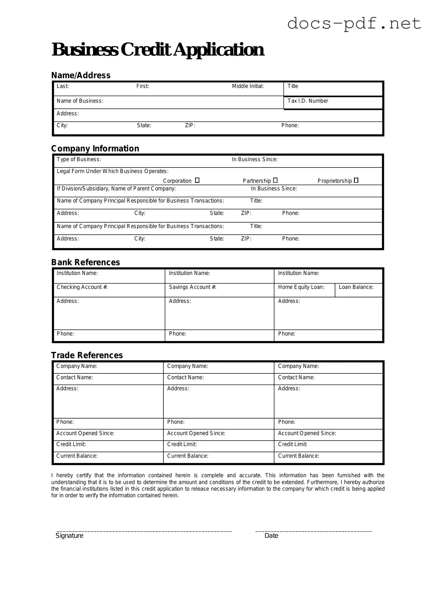 Business Credit Application Form in PDF
