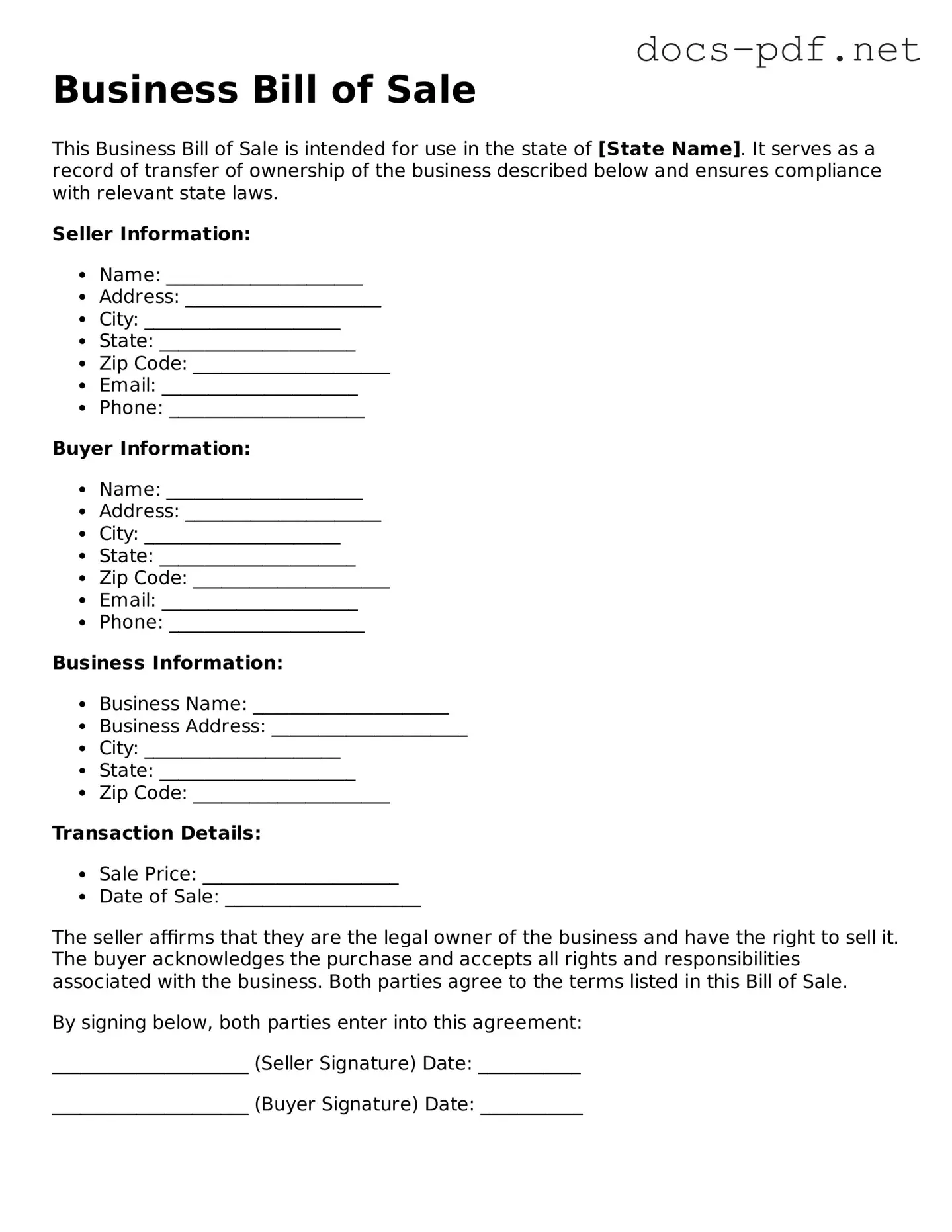 Free Business Bill of Sale Document