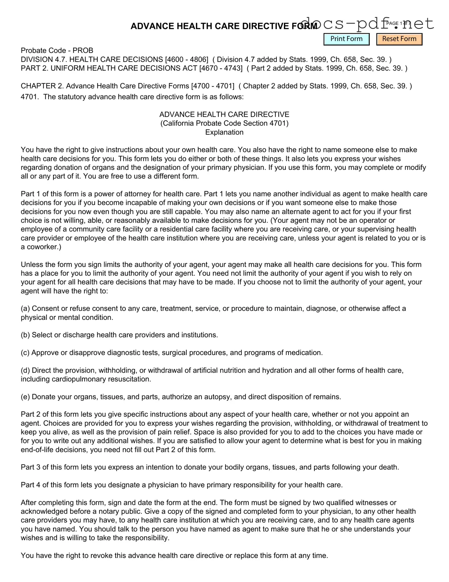 California Advanced Health Care Directive Form in PDF