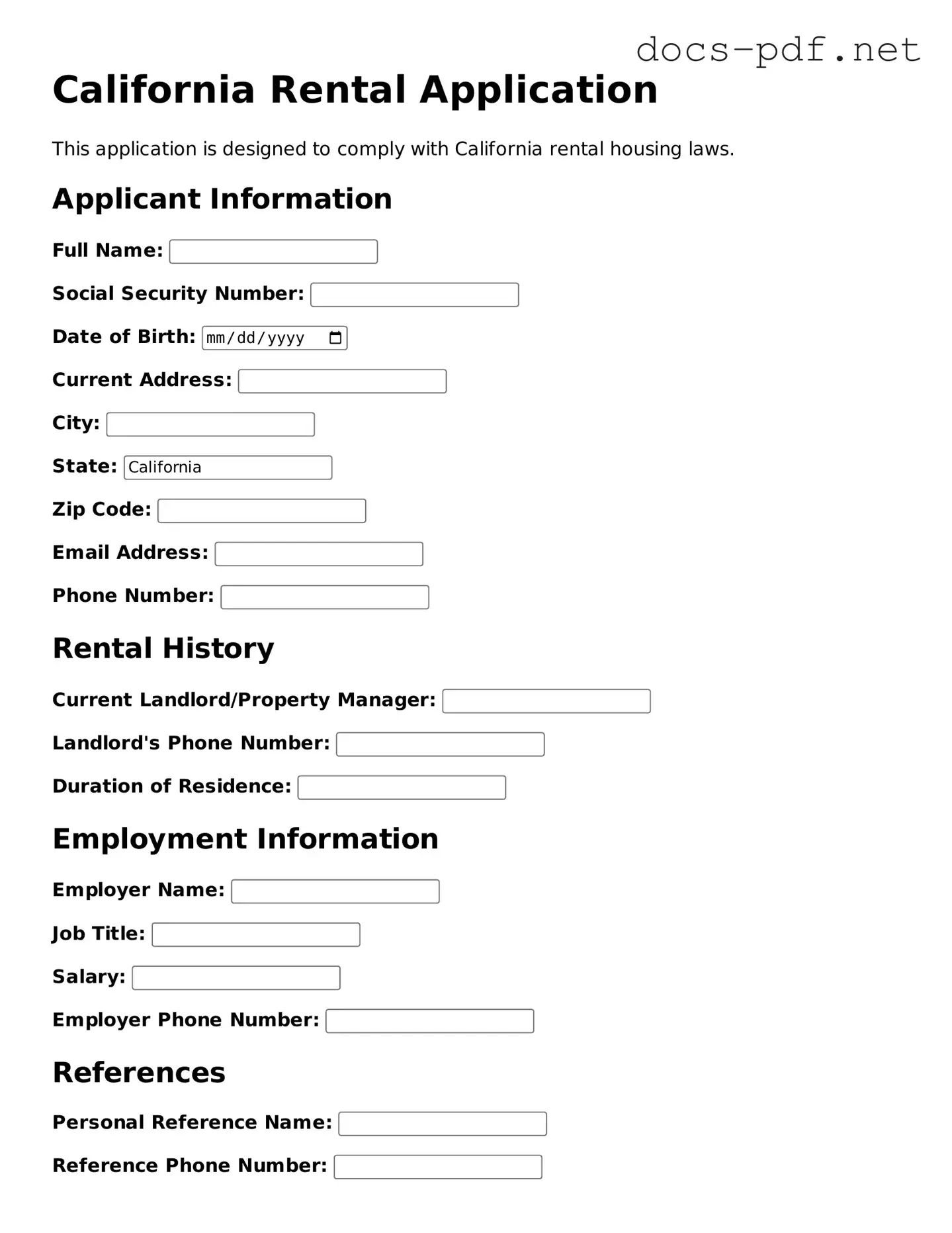 Official  Rental Application Form for California