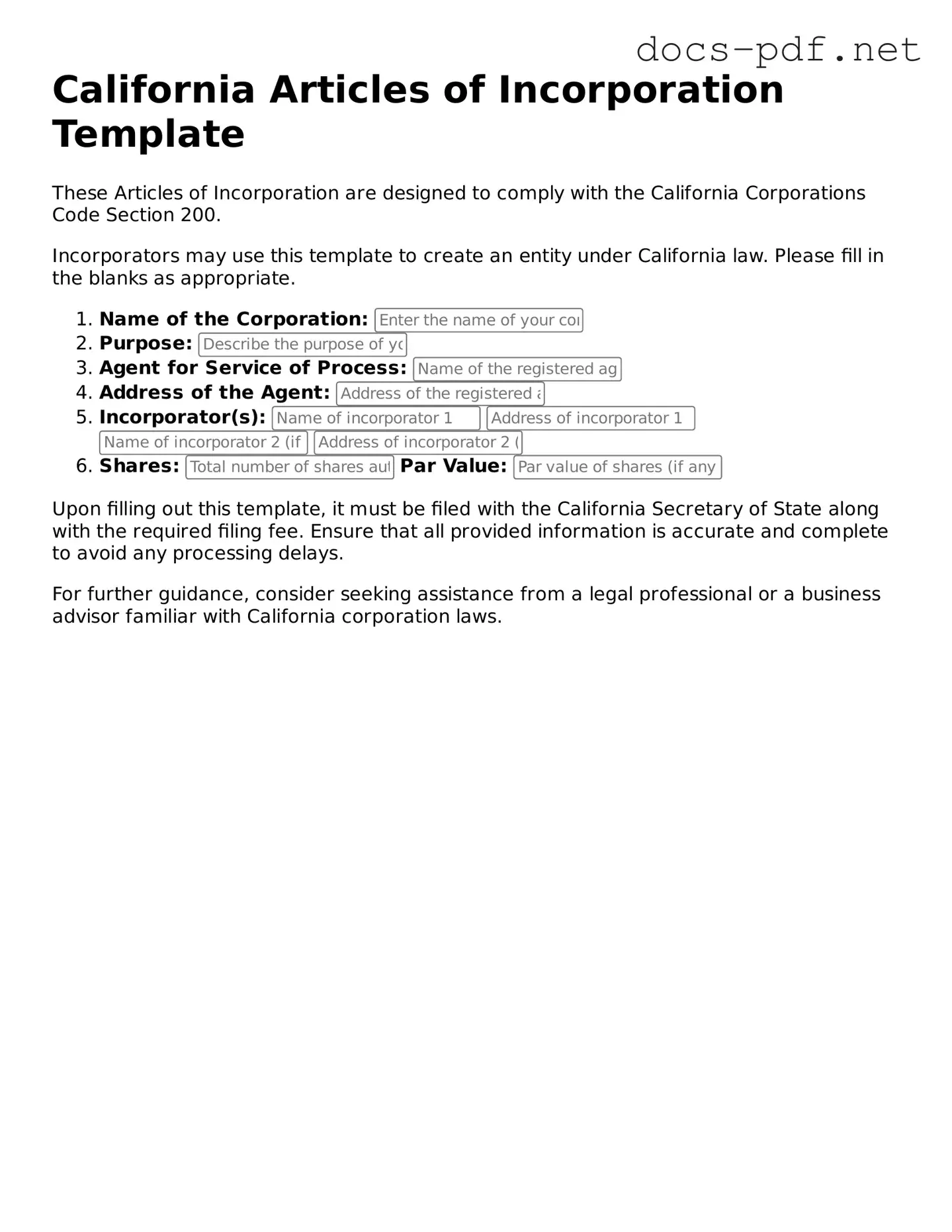Official  Articles of Incorporation Form for California