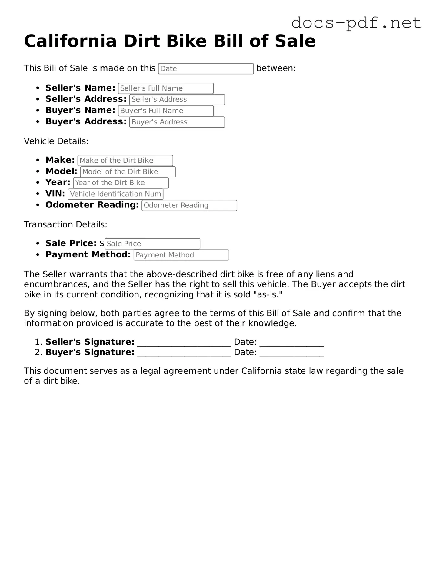 Official  Dirt Bike Bill of Sale Form for California