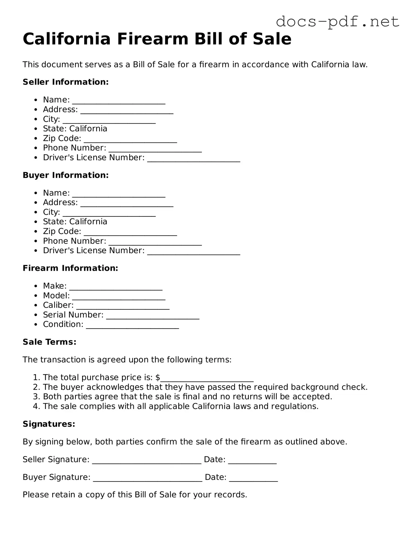 Official  Firearm Bill of Sale Form for California