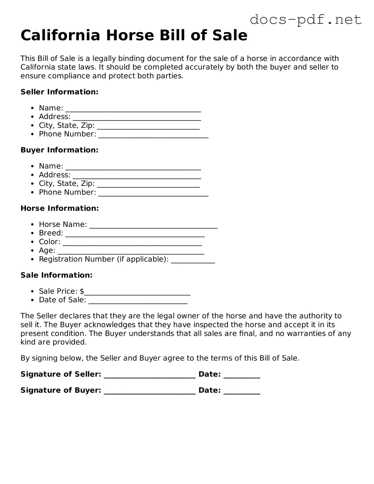Official  Horse Bill of Sale Form for California