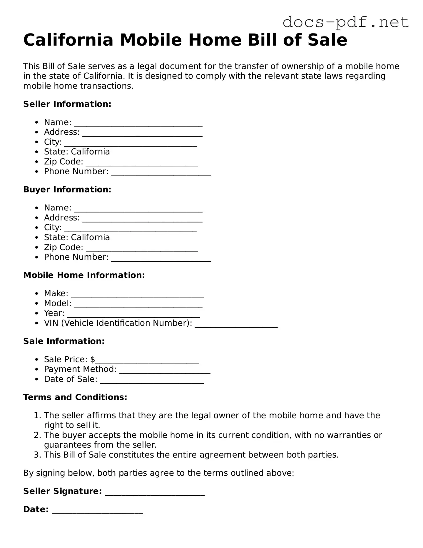 Official  Mobile Home Bill of Sale Form for California