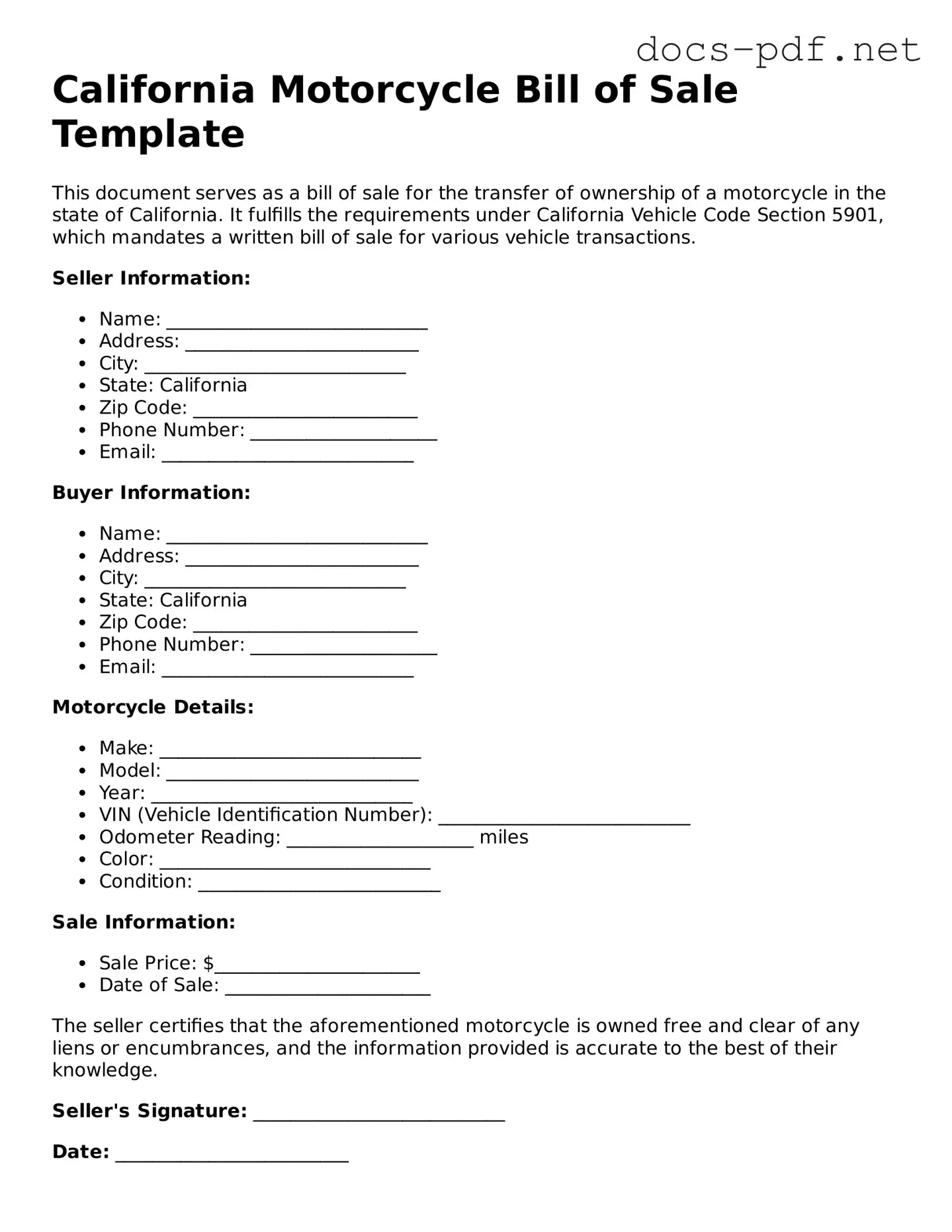 Official  Motorcycle Bill of Sale Form for California