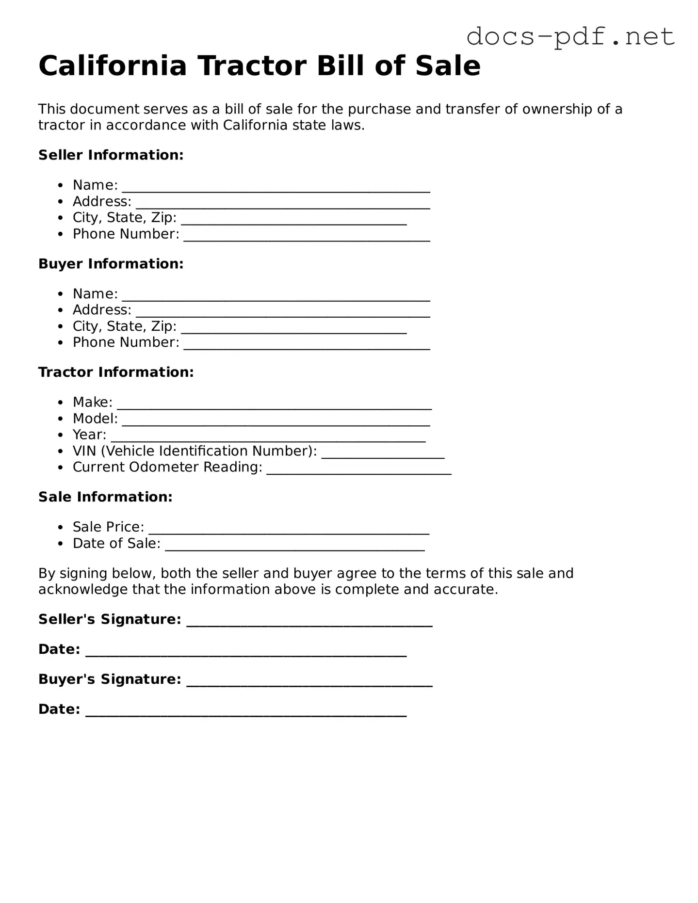 Official  Tractor Bill of Sale Form for California