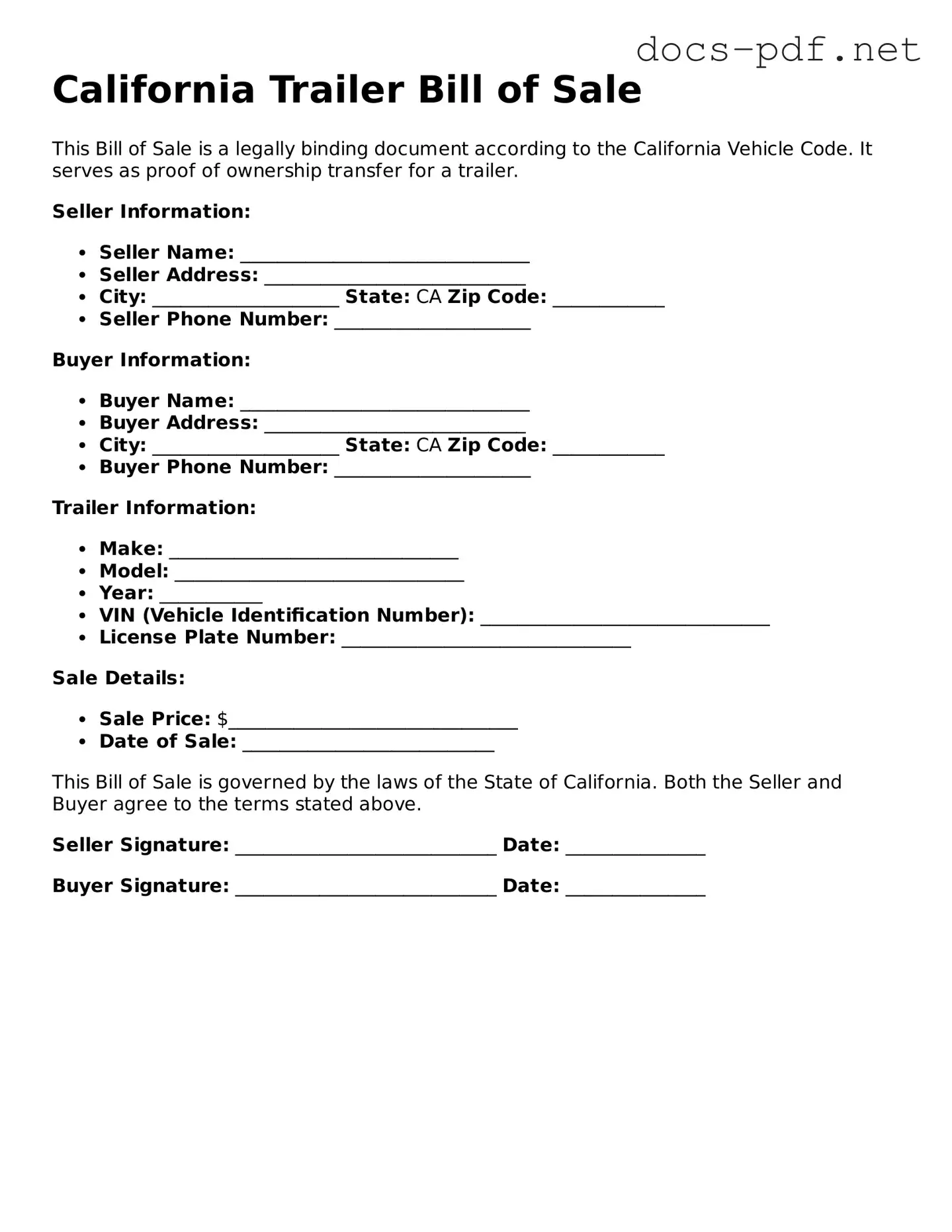 Official  Trailer Bill of Sale Form for California