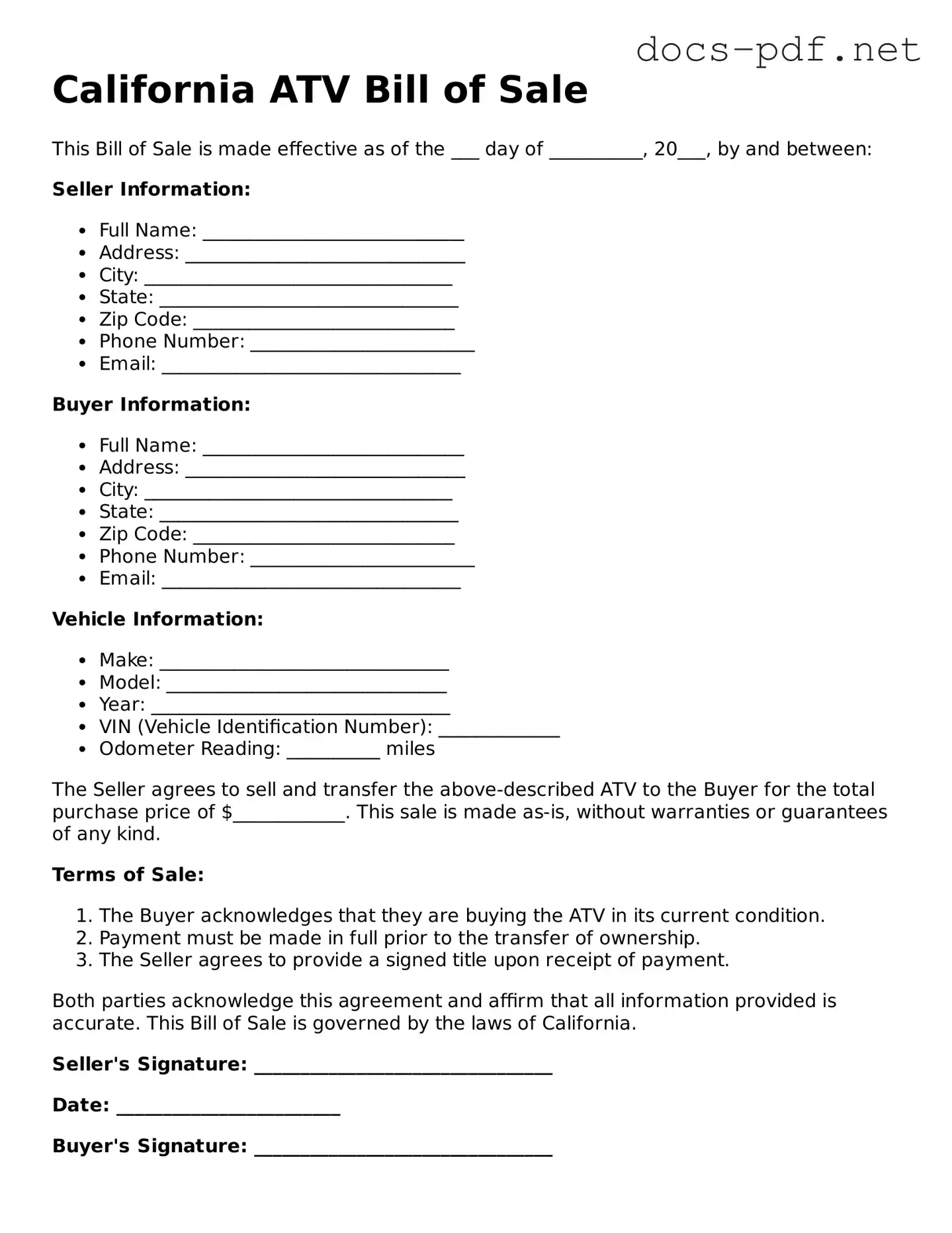 Official  ATV Bill of Sale Form for California