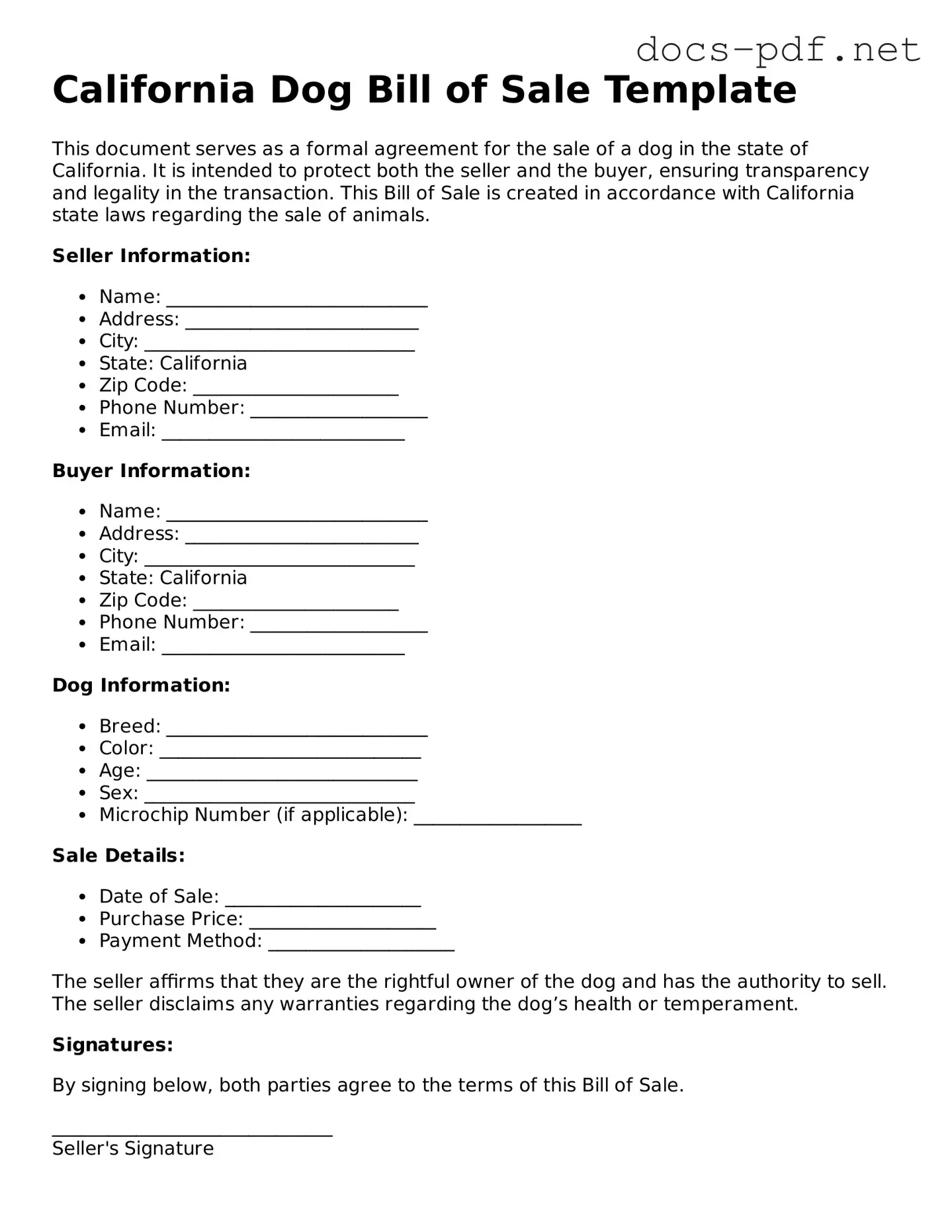 Official  Dog Bill of Sale Form for California