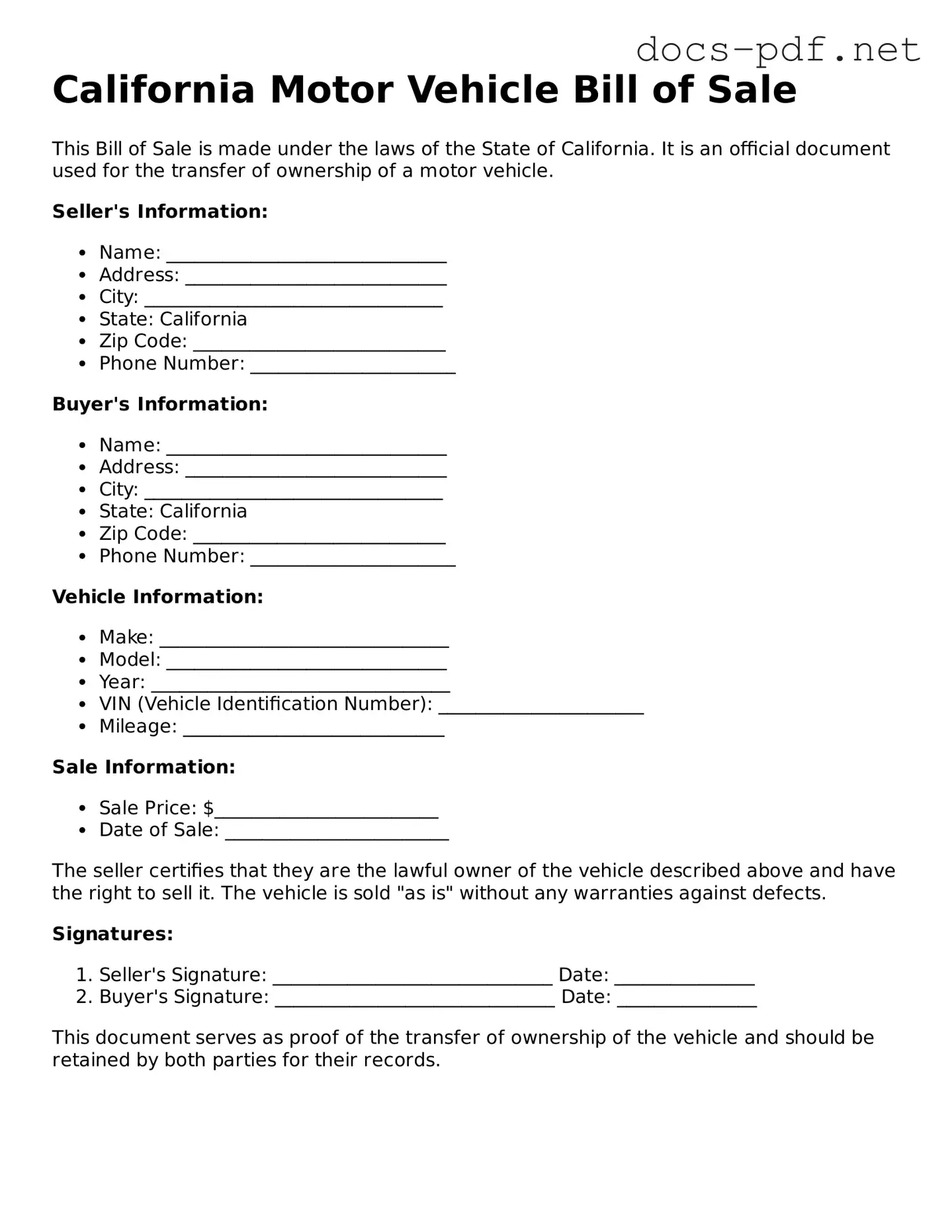 Official  Motor Vehicle Bill of Sale Form for California