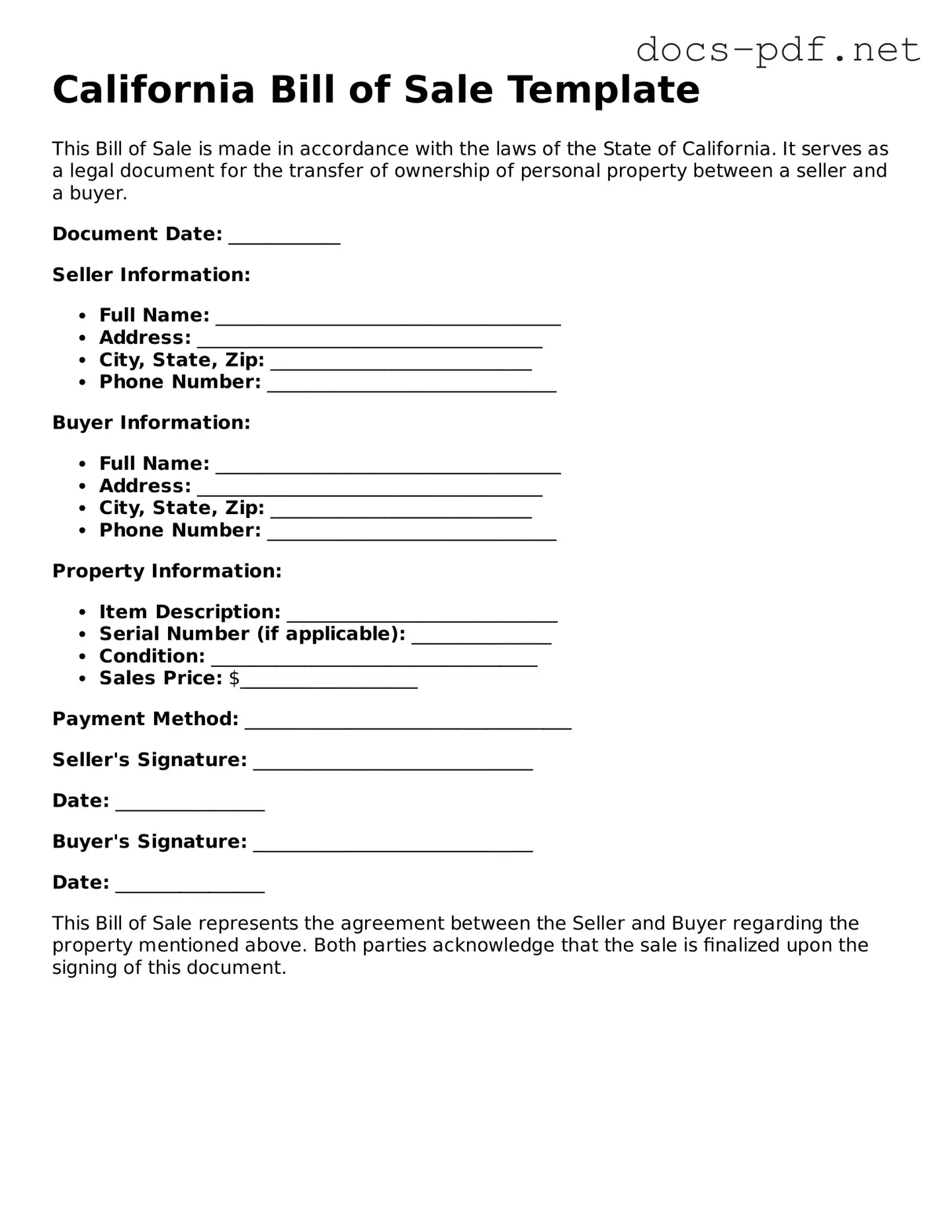 Official  Bill of Sale Form for California