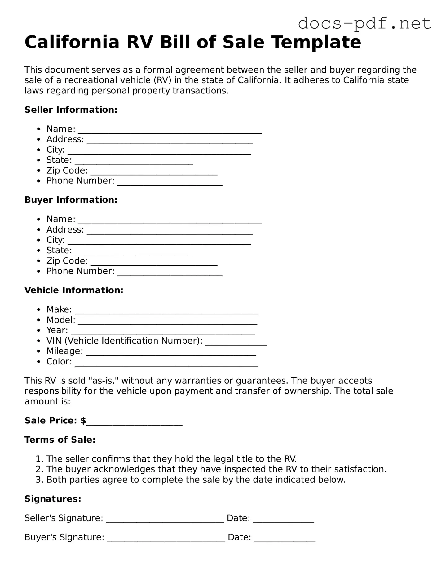 Official  RV Bill of Sale Form for California