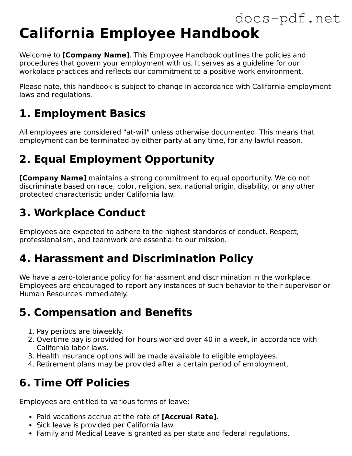 Official  Employee Handbook Form for California