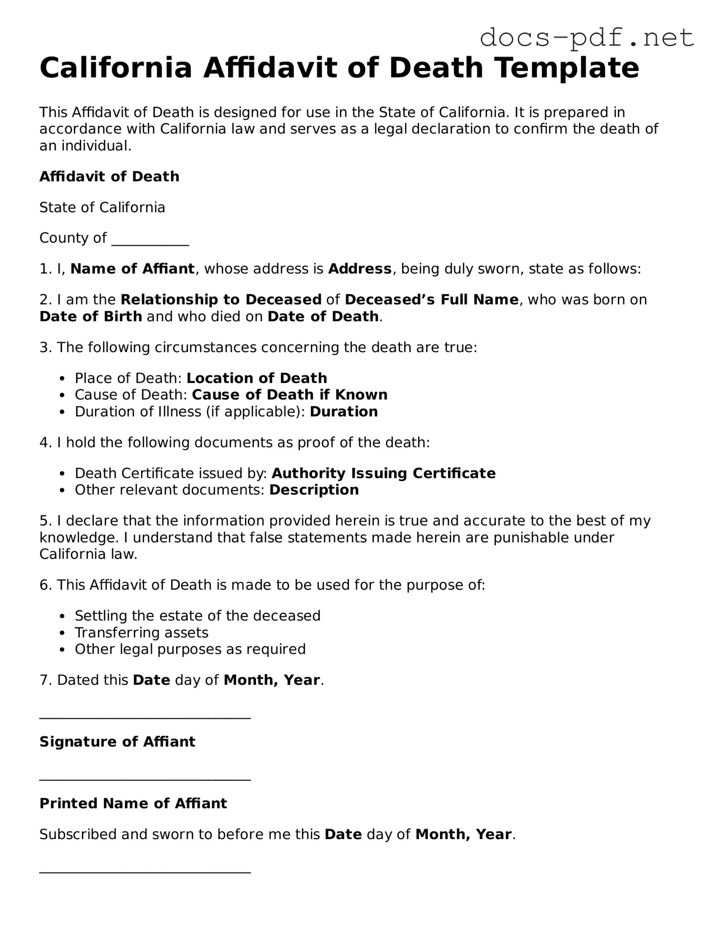 Official  Affidavit of Death Form for California