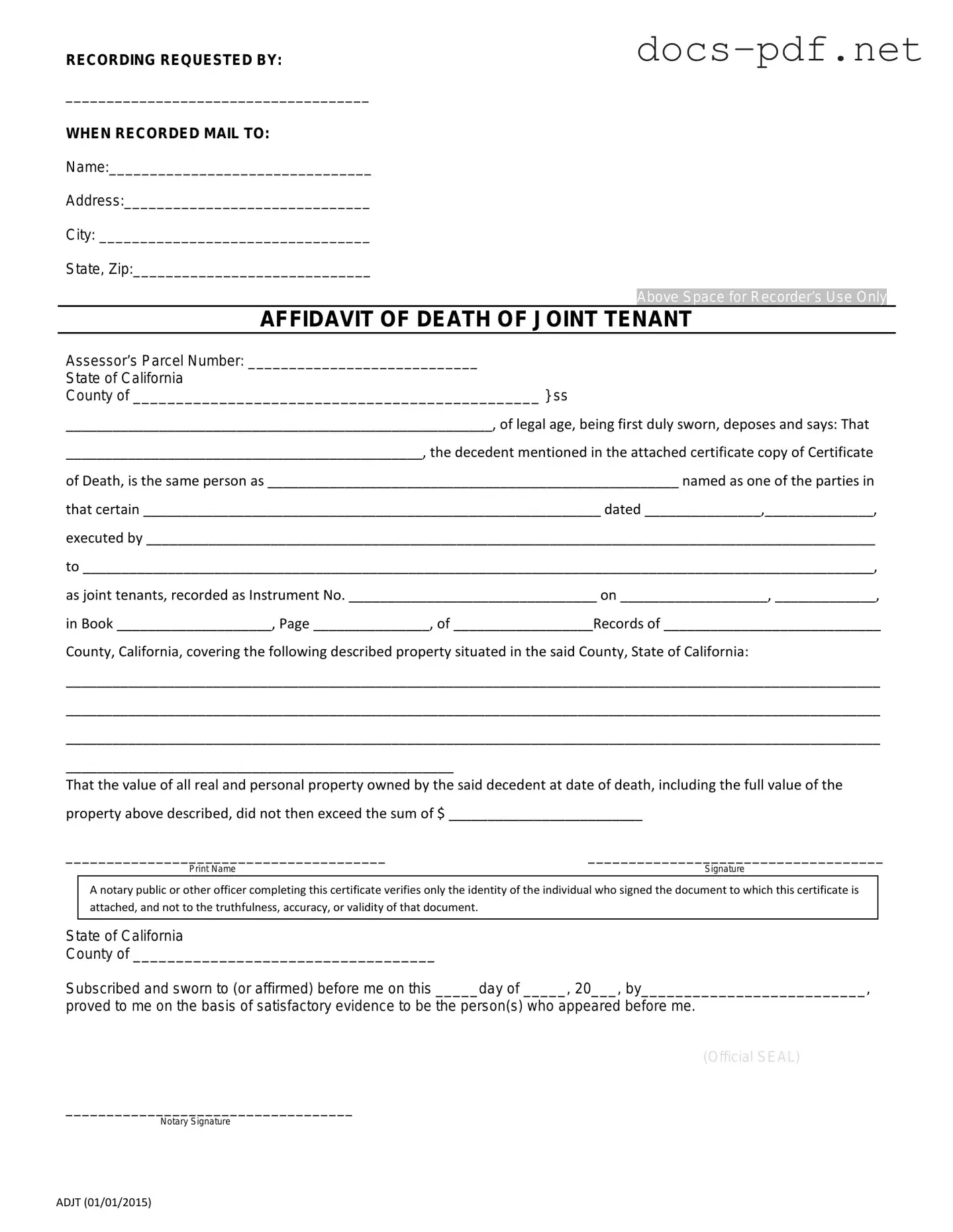 California Death of a Joint Tenant Affidavit Form in PDF
