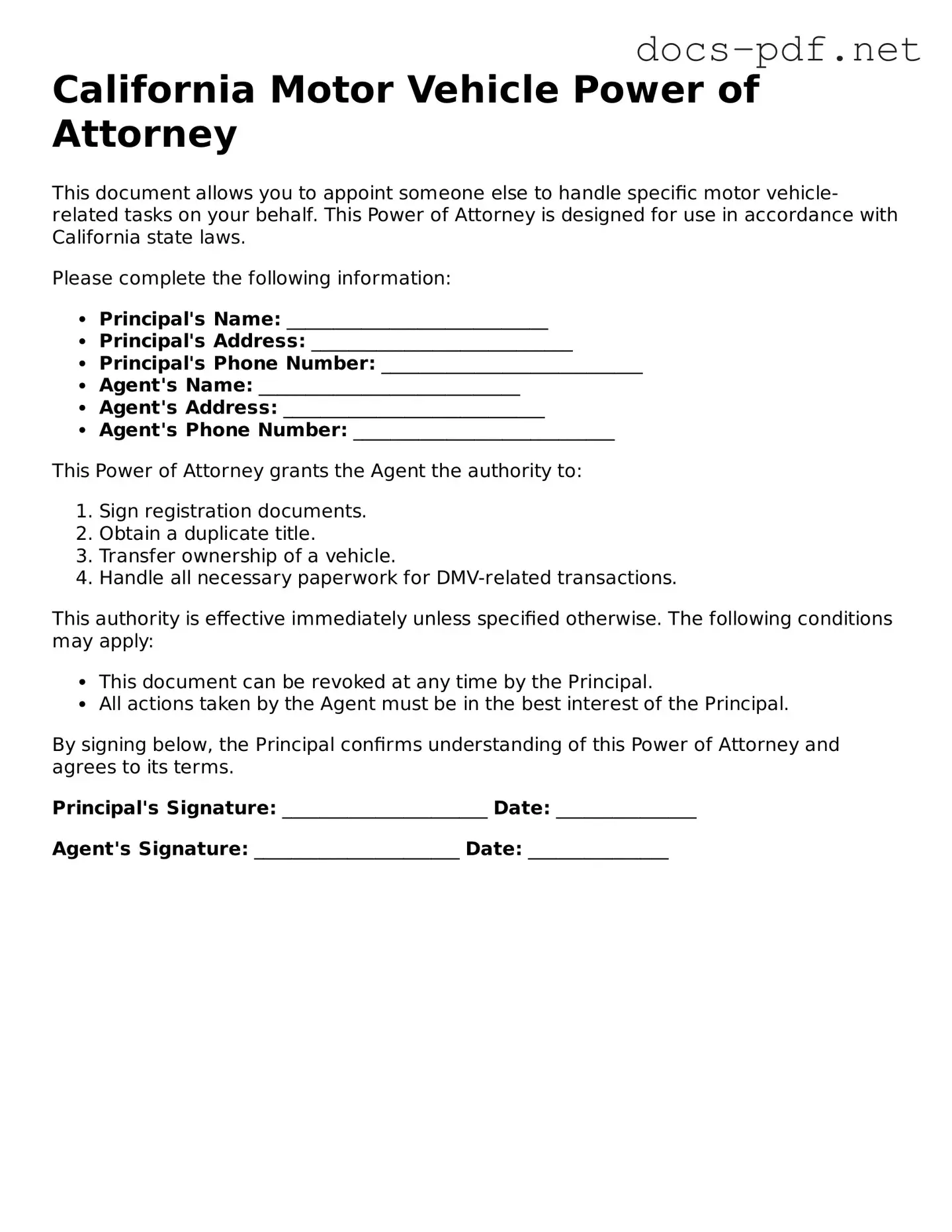 Official  Motor Vehicle Power of Attorney Form for California
