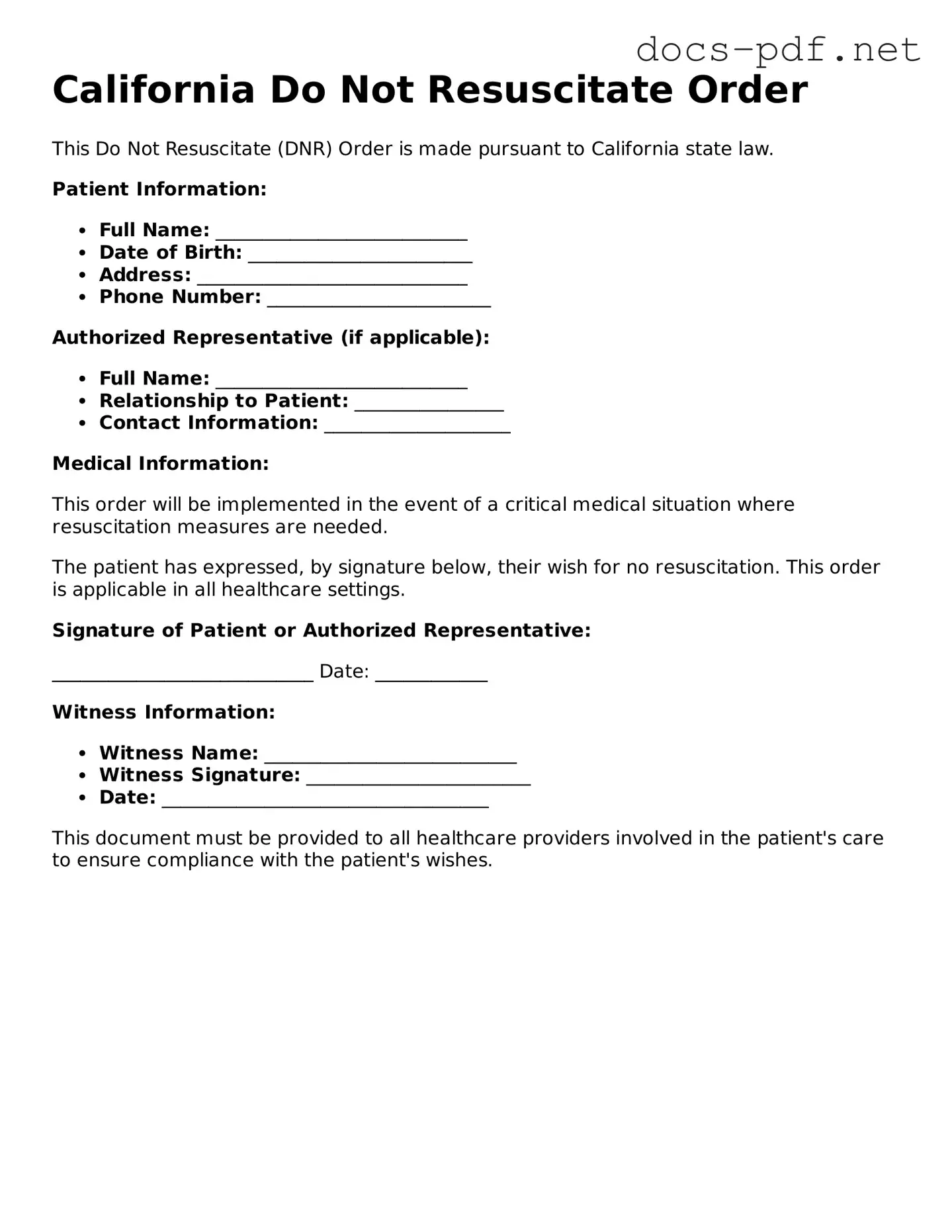 Official  Do Not Resuscitate Order Form for California