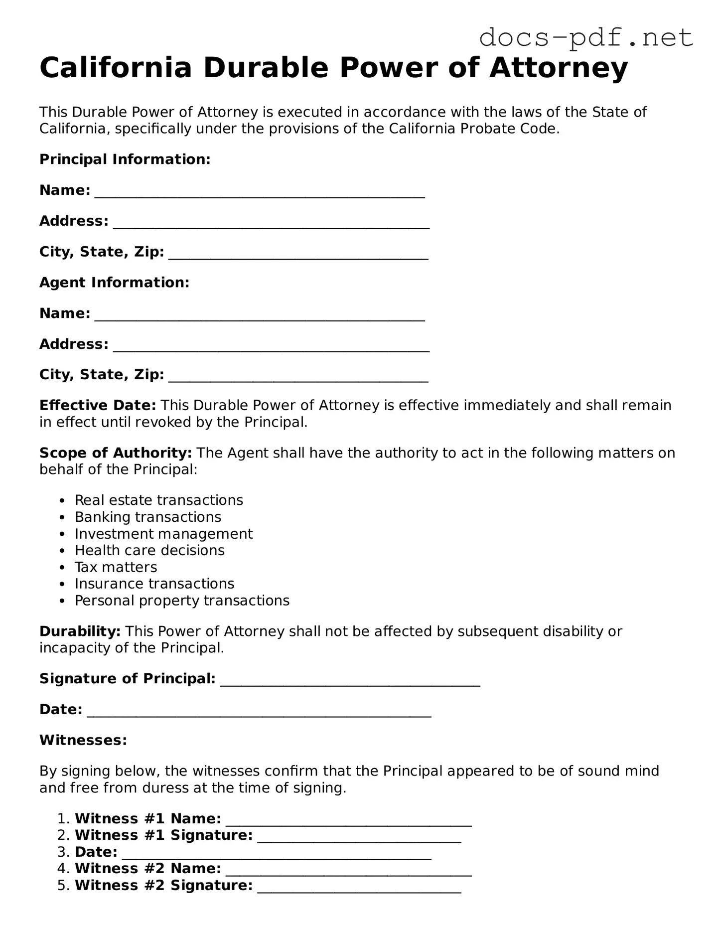 Official  Durable Power of Attorney Form for California