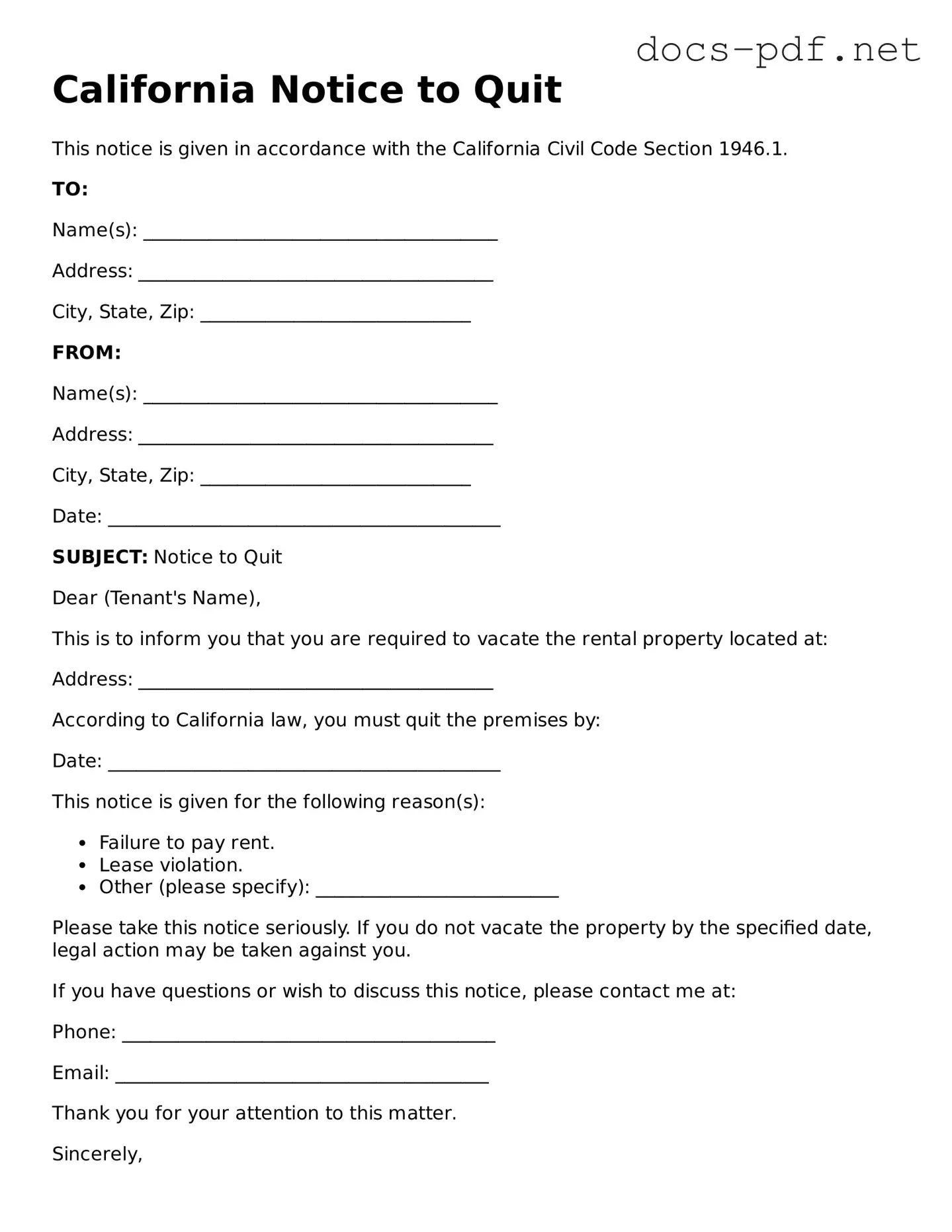 Official  Notice to Quit Form for California