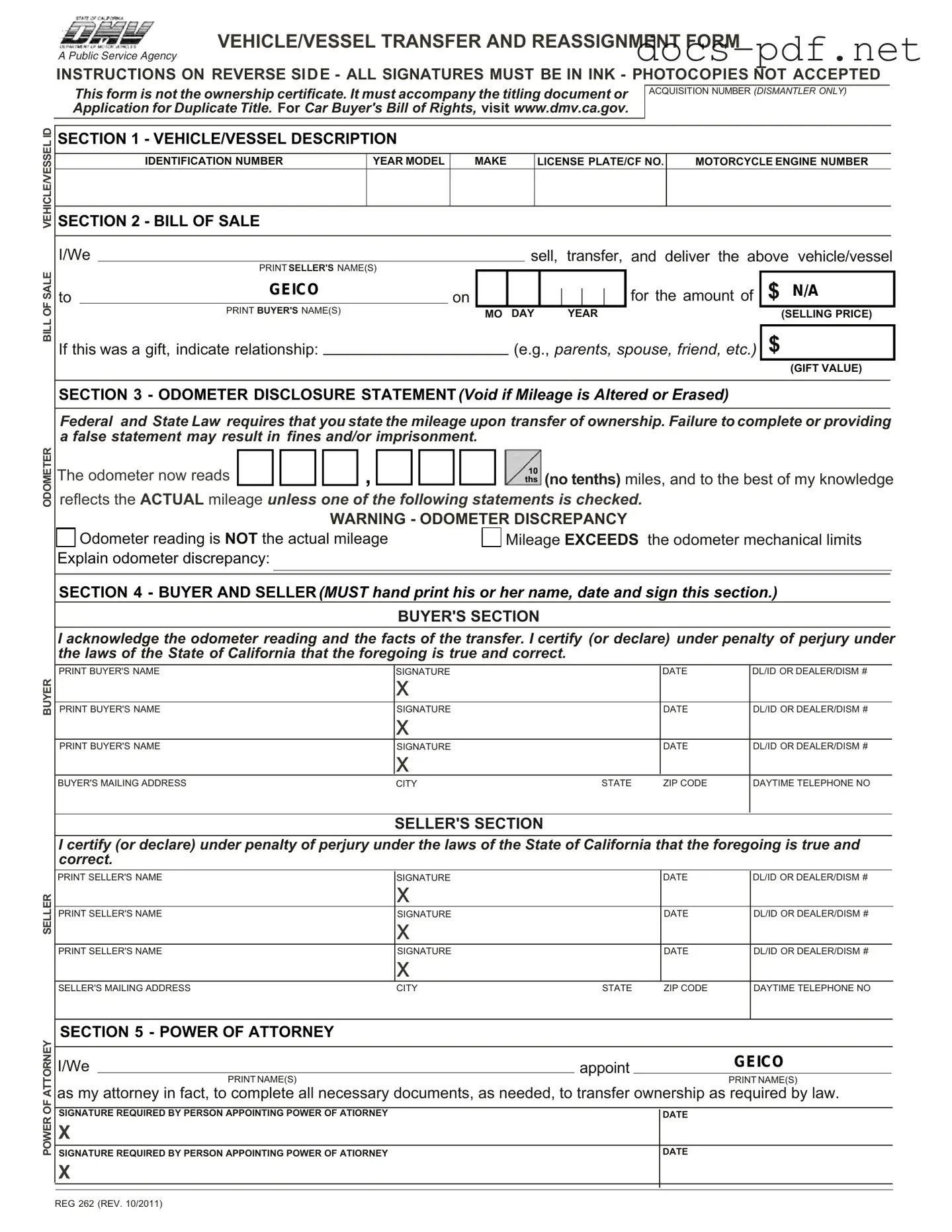 California Fotm Reg 262 Form in PDF