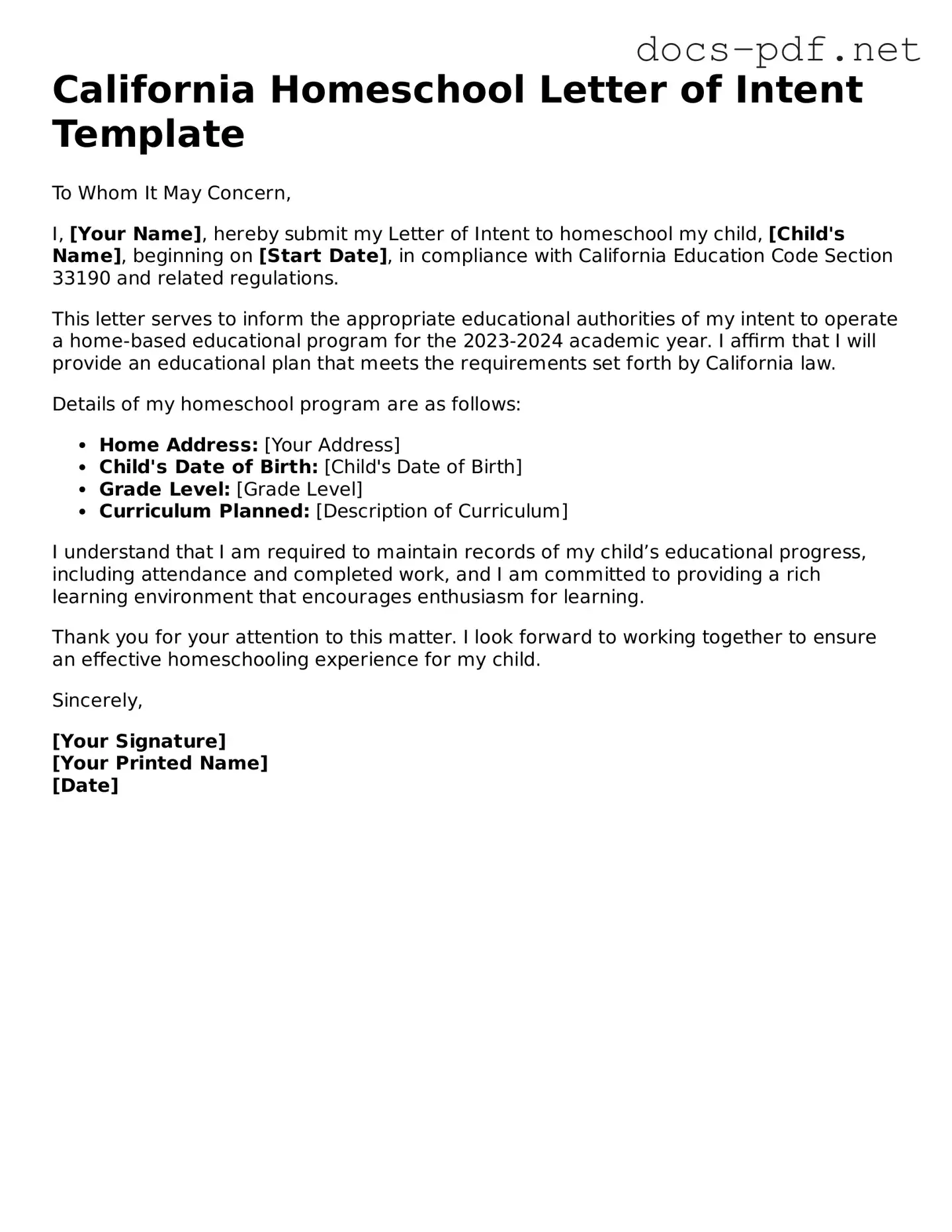 Official  Homeschool Letter of Intent Form for California