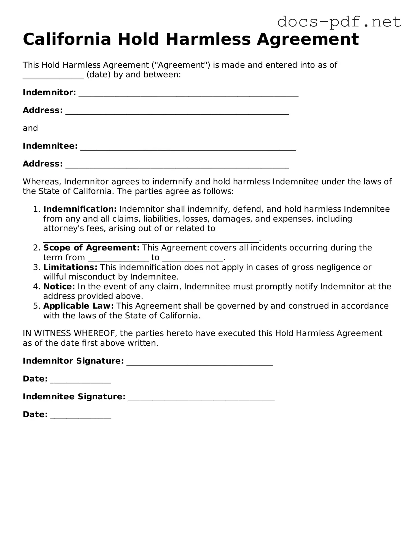 Official  Hold Harmless Agreement Form for California