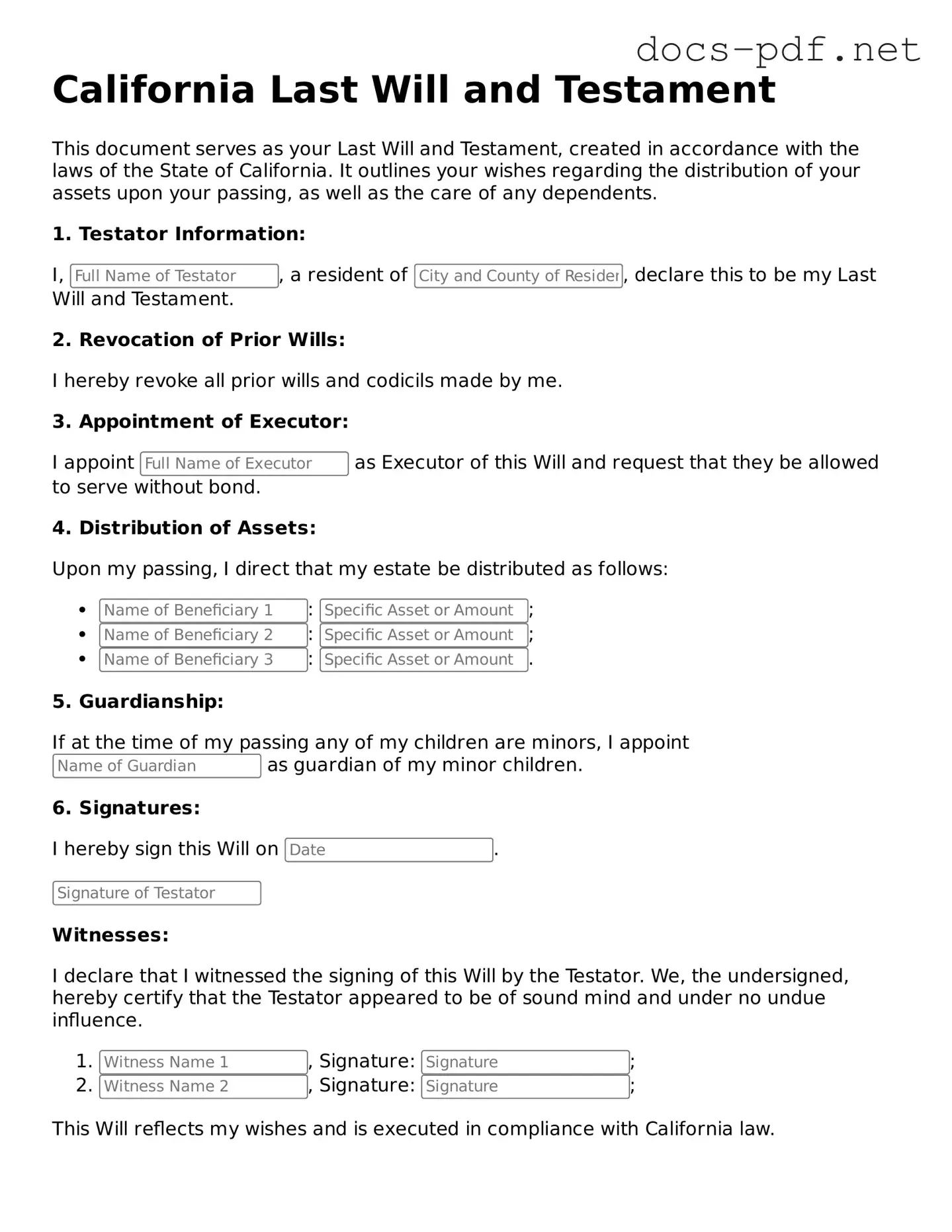 Official  Last Will and Testament Form for California